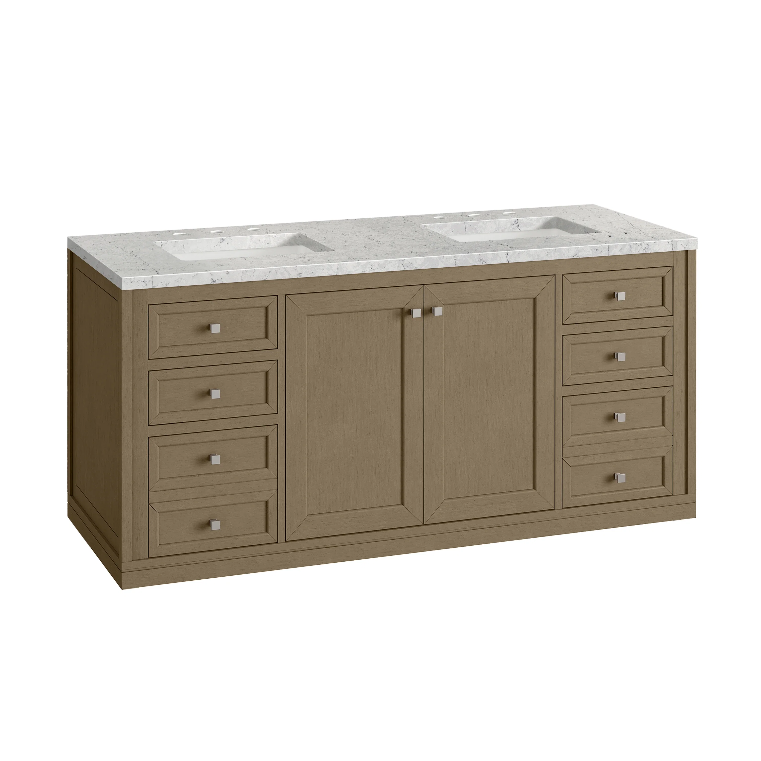 Chicago 60" Double Vanity, Walnut Whisper, w/ 3 CM Eternal Jasmine Pearl Silestone® Top w/FreePower Wireless Charger