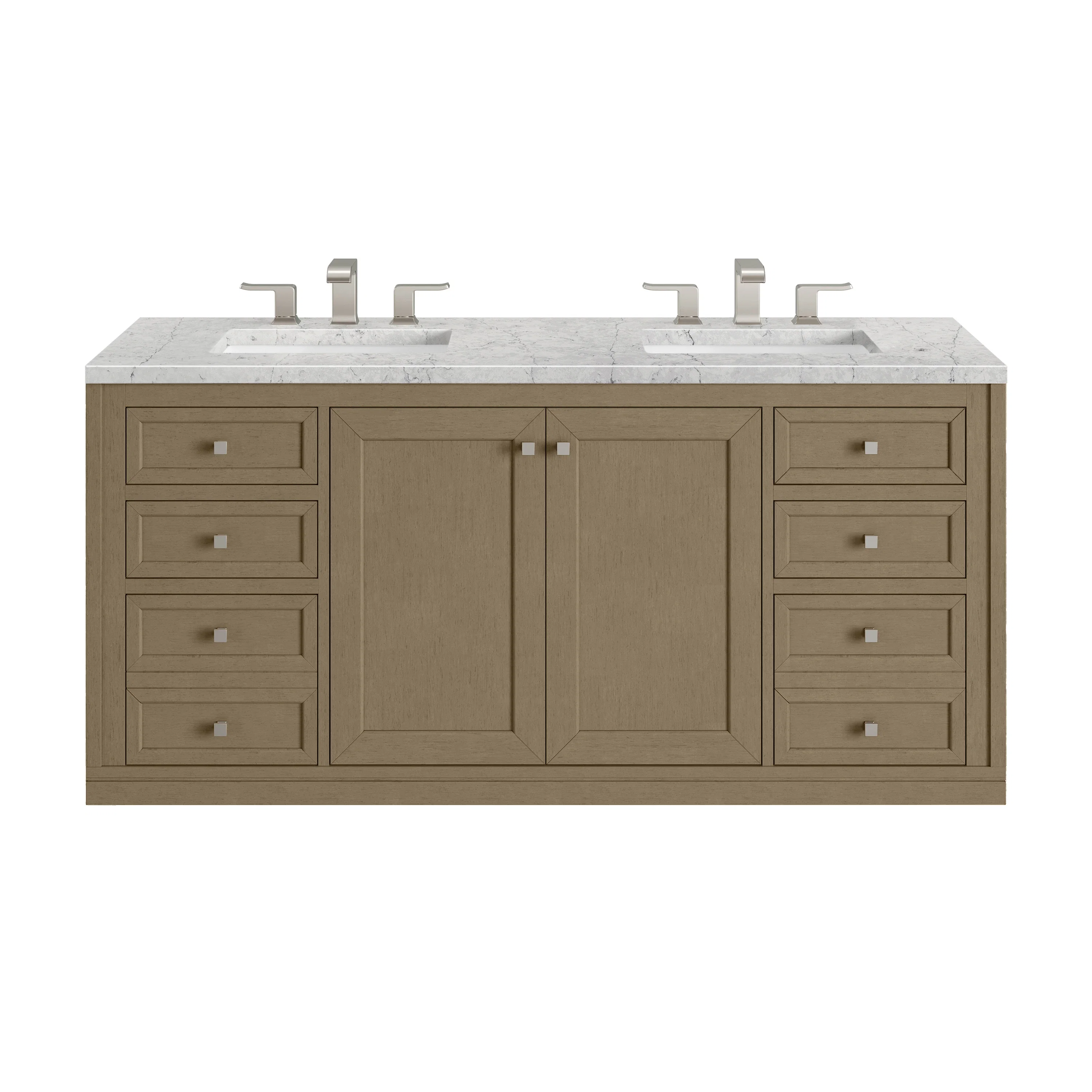 Chicago 60" Double Vanity, Walnut Whisper, w/ 3 CM Eternal Jasmine Pearl Silestone® Top w/FreePower Wireless Charger