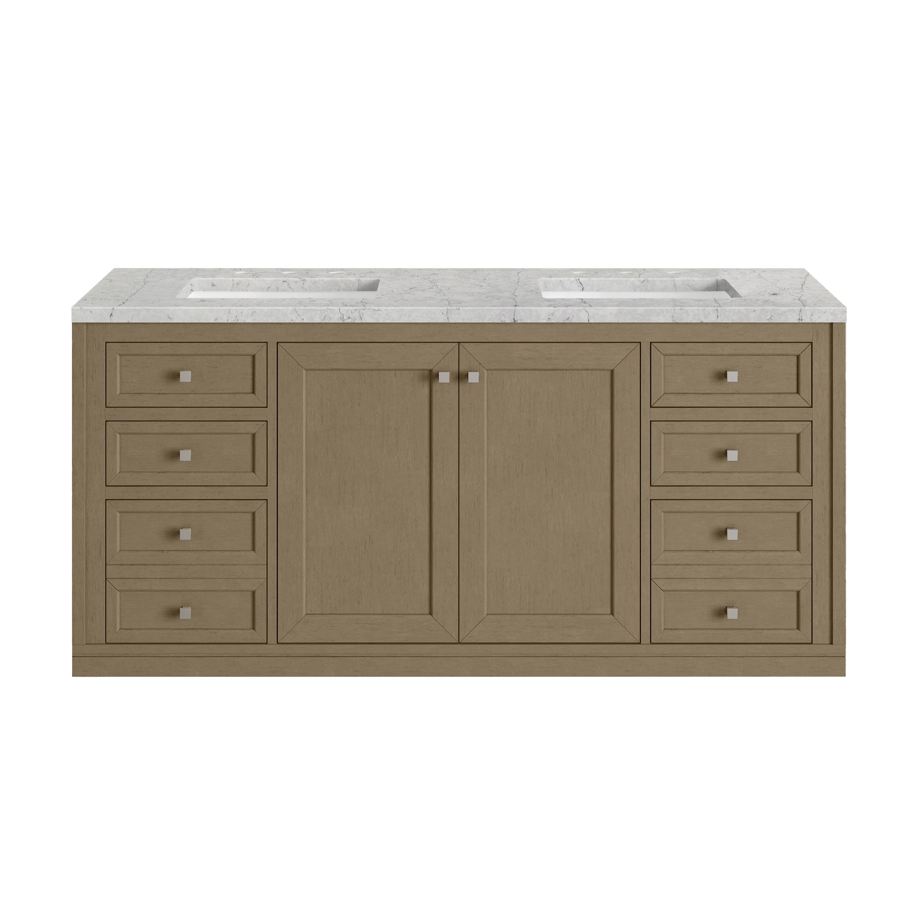 Chicago 60" Double Vanity, Walnut Whisper, w/ 3 CM Eternal Jasmine Pearl Silestone® Top w/FreePower Wireless Charger