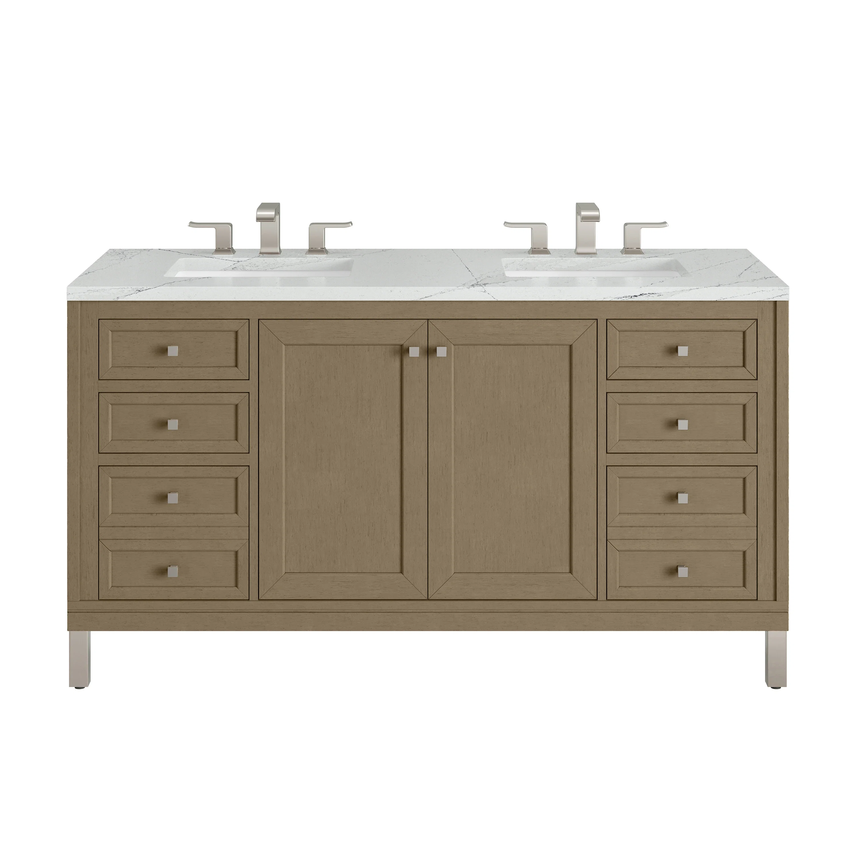 Chicago 60" Double Vanity, Walnut Whisper, w/ 3 CM Ethereal Noctis Silestone® Top w/FreePower Wireless Charger