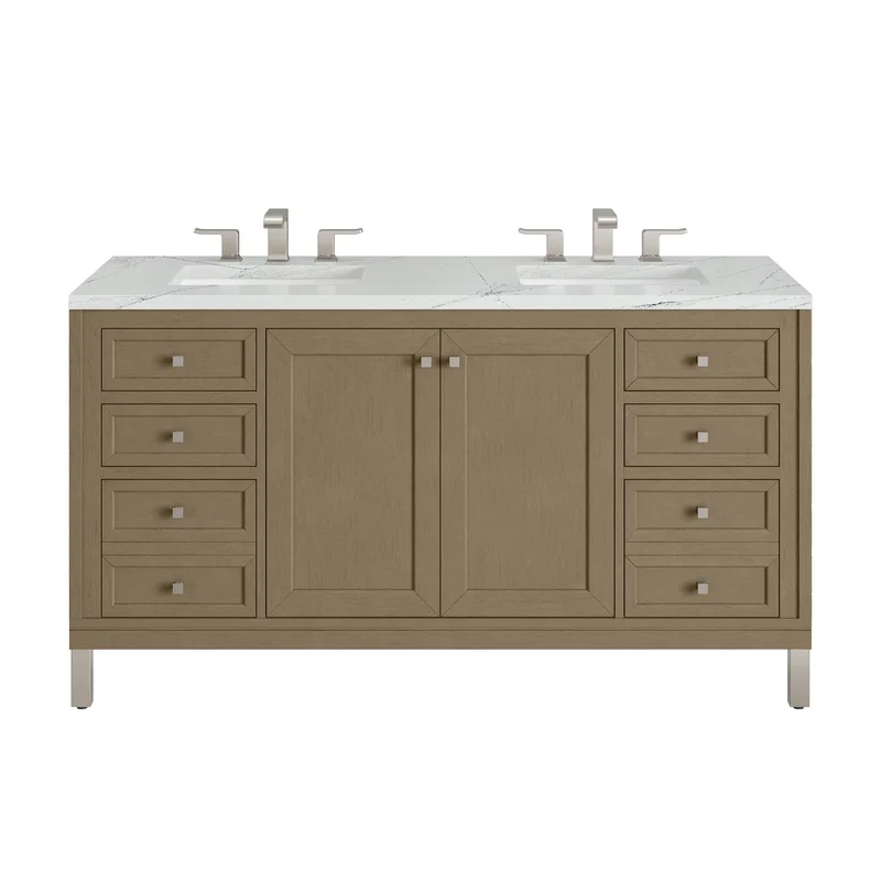 Chicago 60" Double Vanity, Walnut Whisper, w/ 3 CM Ethereal Noctis Silestone® Top w/FreePower Wireless Charger
