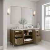 Chicago 60" Double Vanity, Walnut Whisper, w/ 3 CM Ethereal Noctis Silestone® Top w/FreePower Wireless Charger