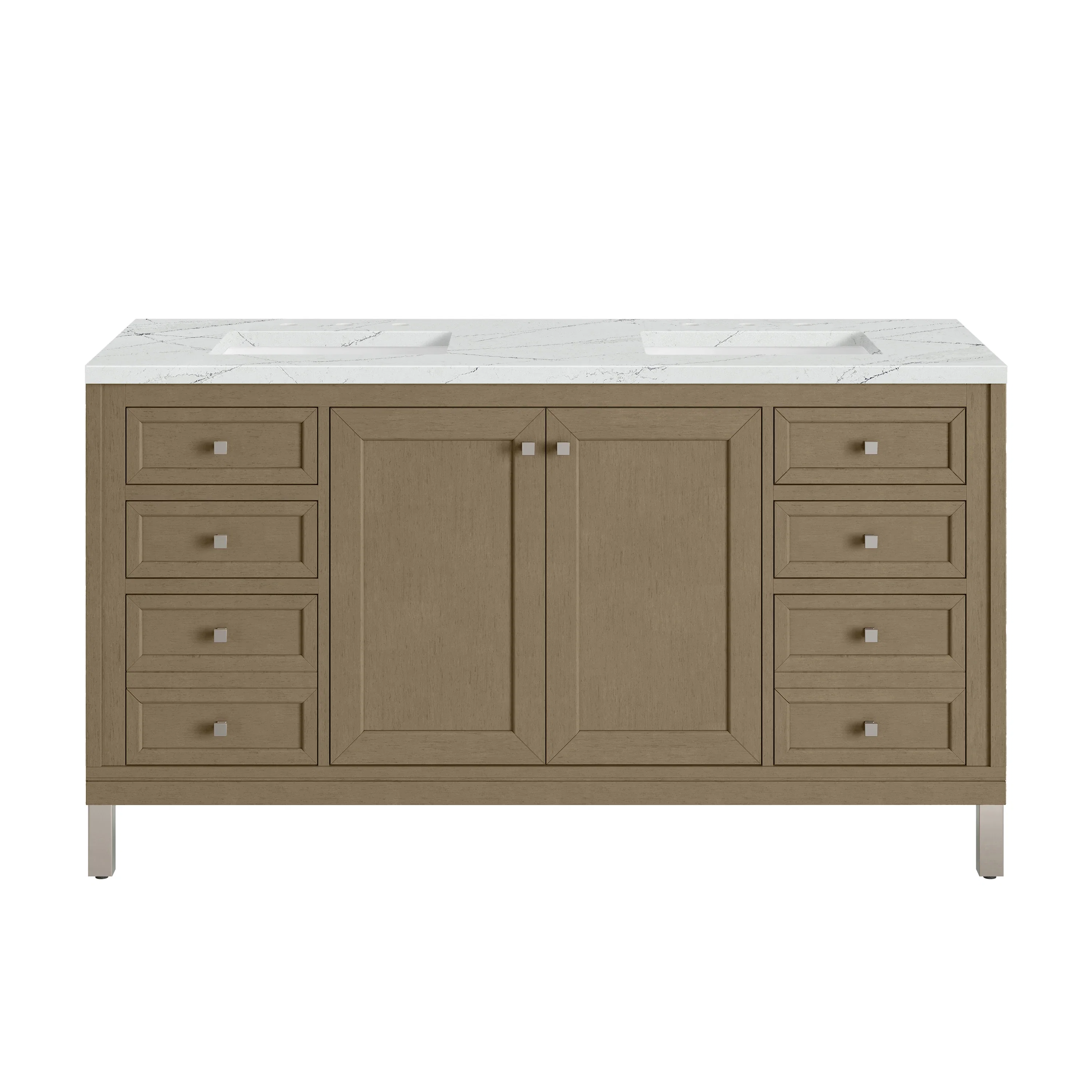 Chicago 60" Double Vanity, Walnut Whisper, w/ 3 CM Ethereal Noctis Silestone® Top w/FreePower Wireless Charger