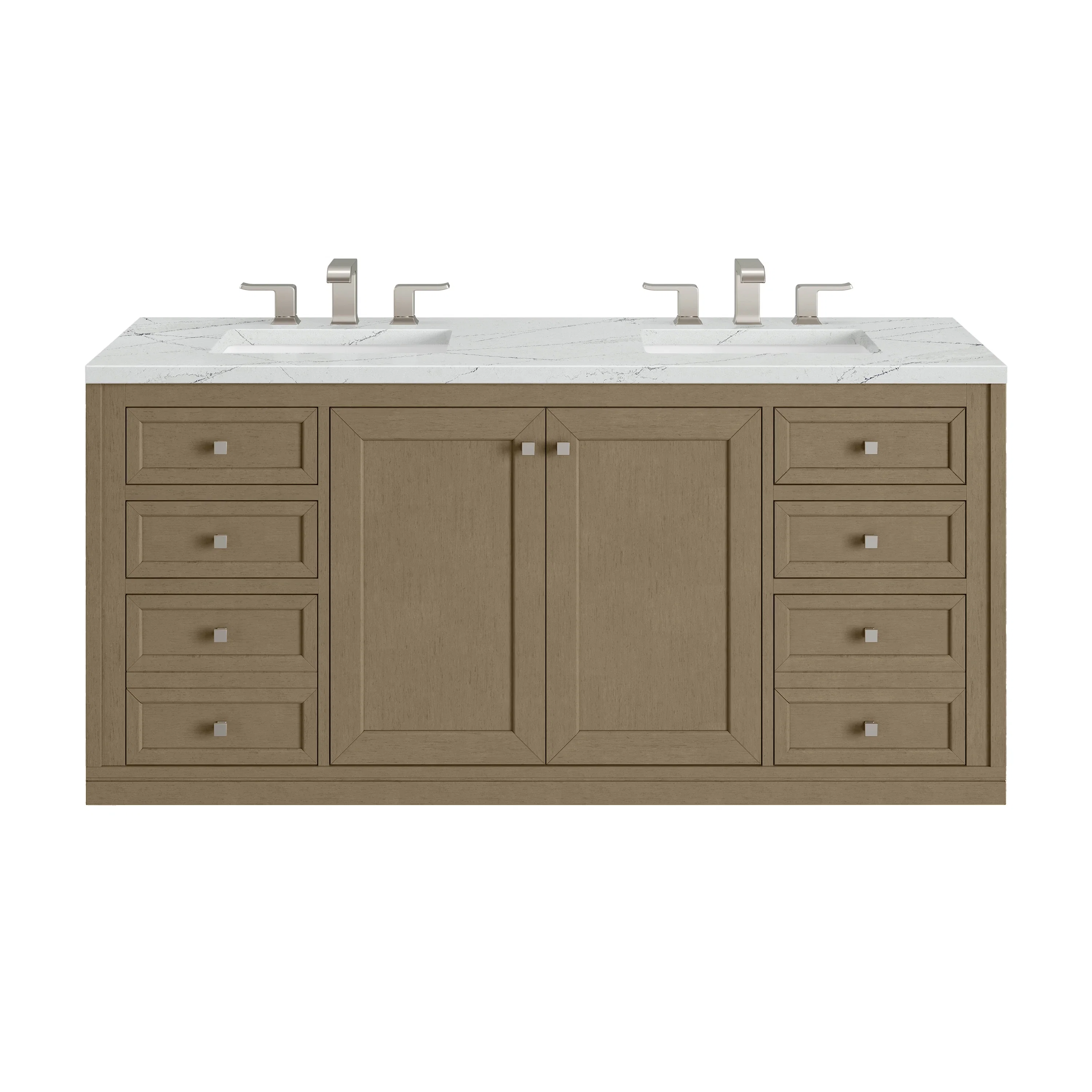 Chicago 60" Double Vanity, Walnut Whisper, w/ 3 CM Ethereal Noctis Silestone® Top w/FreePower Wireless Charger
