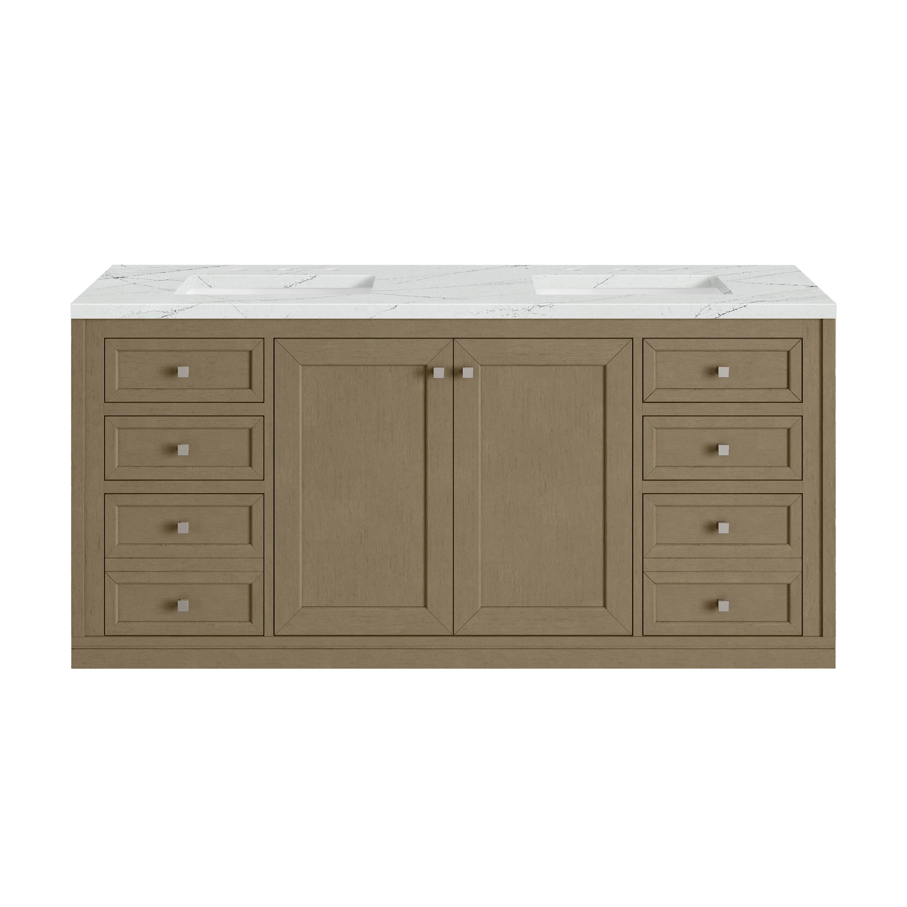 Chicago 60" Double Vanity, Walnut Whisper, w/ 3 CM Ethereal Noctis Silestone® Top w/FreePower Wireless Charger