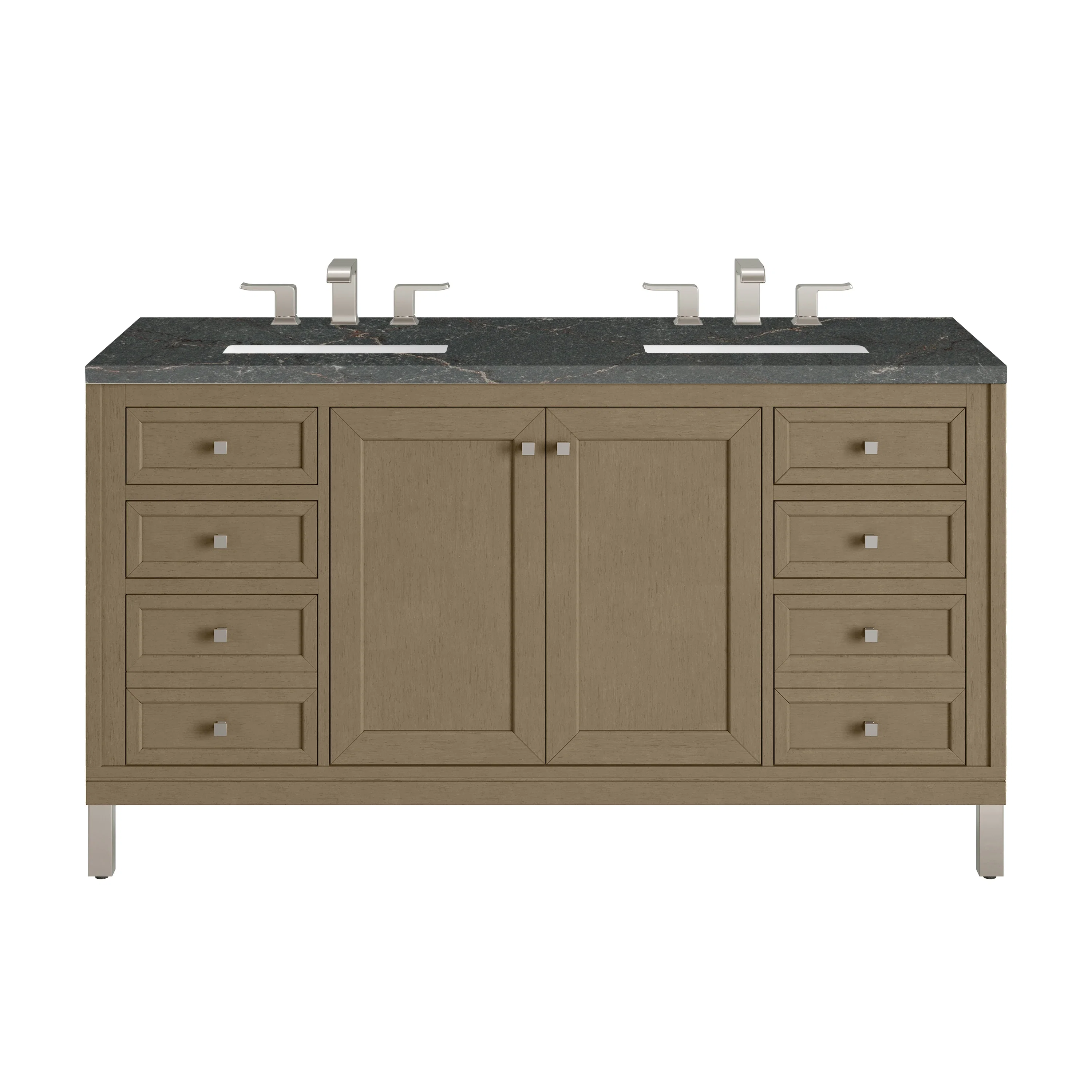 Chicago 60" Double Vanity, Walnut Whisper, w/ 3 CM Parisien Bleu Silestone® Top w/FreePower Wireless Charger