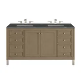 Chicago 60" Double Vanity, Walnut Whisper, w/ 3 CM Parisien Bleu Silestone® Top w/FreePower Wireless Charger