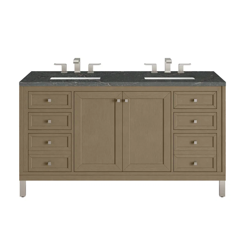 Chicago 60" Double Vanity, Walnut Whisper, w/ 3 CM Parisien Bleu Silestone® Top w/FreePower Wireless Charger