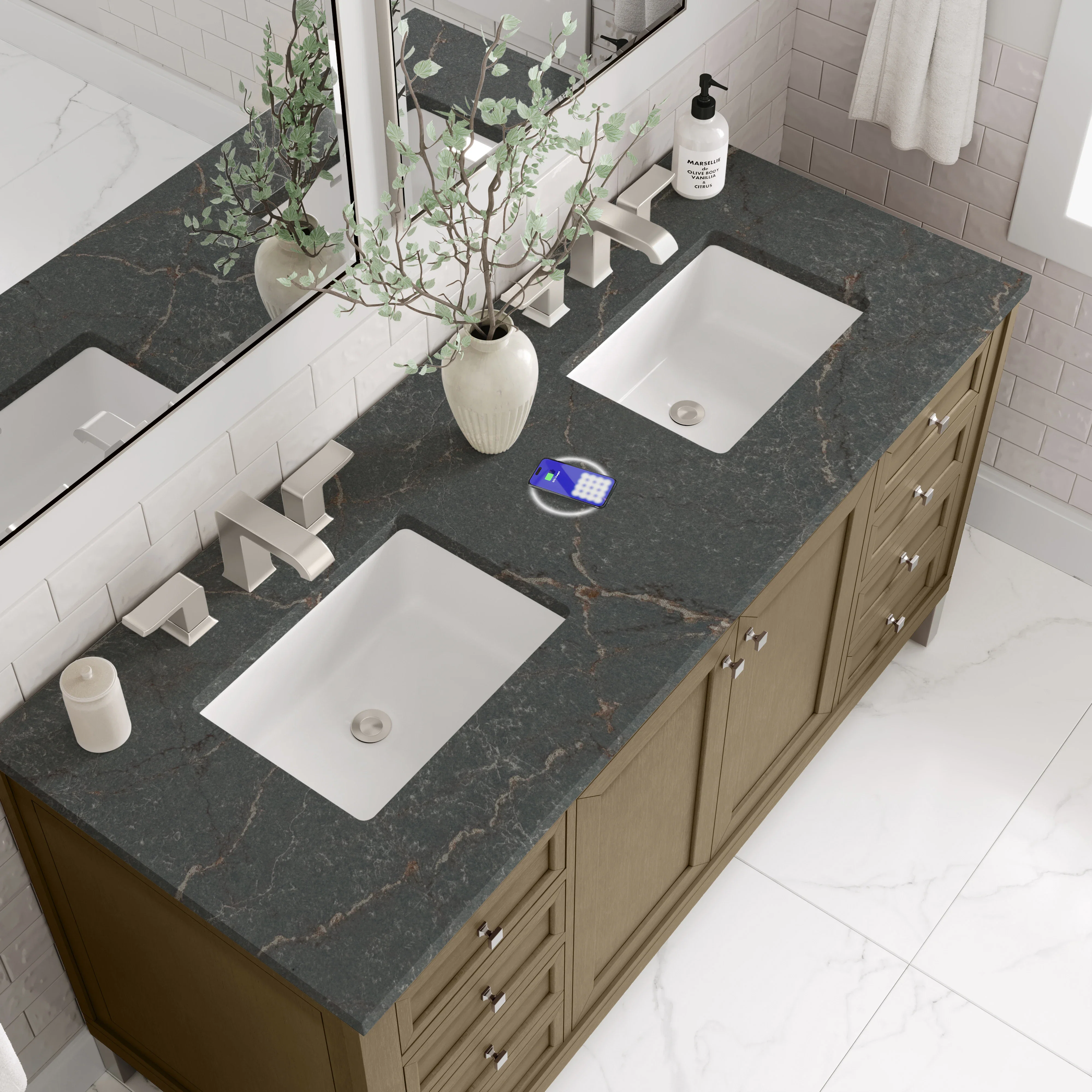 Chicago 60" Double Vanity, Walnut Whisper, w/ 3 CM Parisien Bleu Silestone® Top w/FreePower Wireless Charger