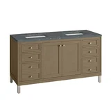 Chicago 60" Double Vanity, Walnut Whisper, w/ 3 CM Parisien Bleu Silestone® Top w/FreePower Wireless Charger