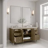 Chicago 60" Double Vanity, Walnut Whisper, w/ 3 CM Siberian Silestone Top w/FreePower Wireless Charger