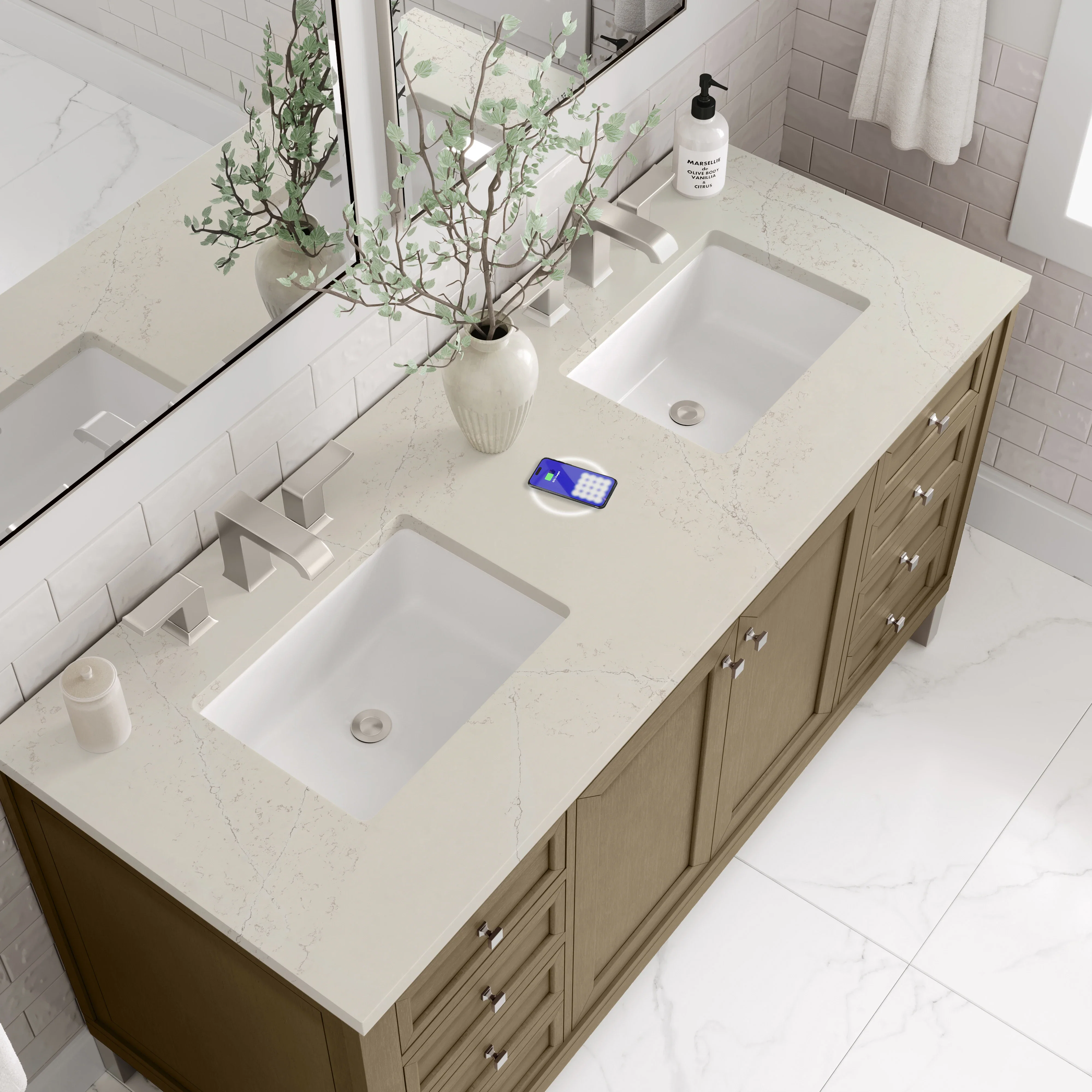 Chicago 60" Double Vanity, Walnut Whisper, w/ 3 CM Siberian Silestone Top w/FreePower Wireless Charger