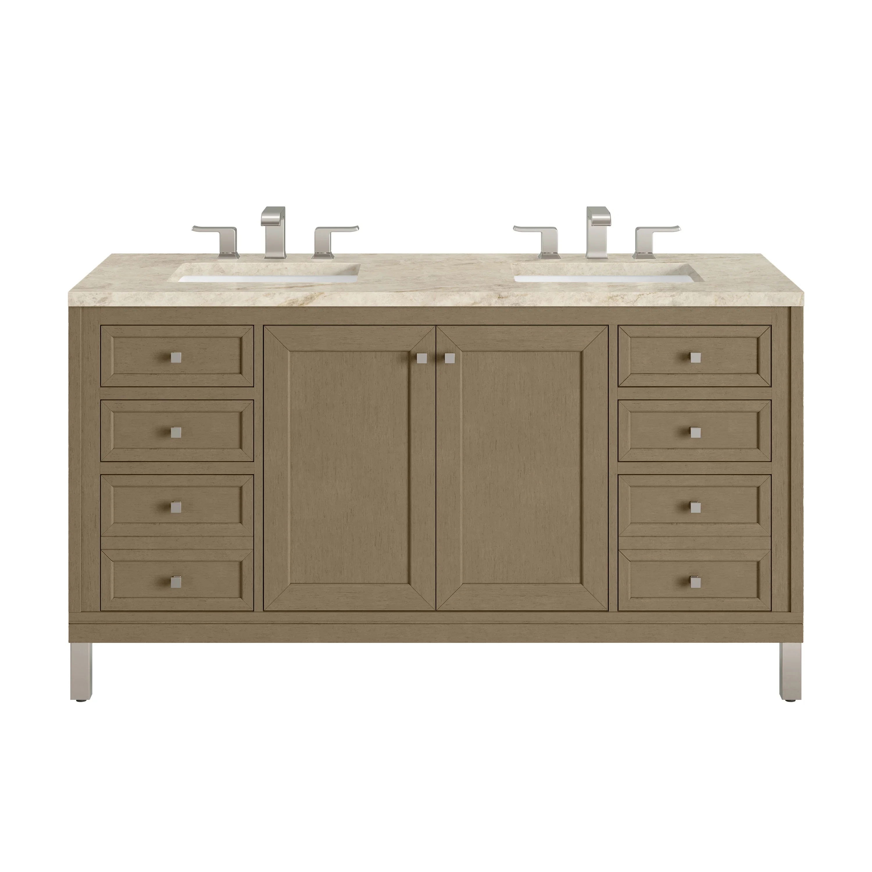 Chicago 60" Double Vanity, Walnut Whisper, w/ 3 CM Tajnar Eclos Top w/FreePower Wireless Charger