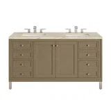 Chicago 60" Double Vanity, Walnut Whisper, w/ 3 CM Tajnar Eclos Top w/FreePower Wireless Charger