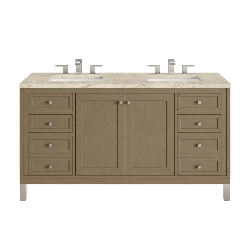 Chicago 60" Double Vanity, Walnut Whisper, w/ 3 CM Tajnar Eclos Top w/FreePower Wireless Charger