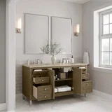 Chicago 60" Double Vanity, Walnut Whisper, w/ 3 CM Tajnar Eclos Top w/FreePower Wireless Charger