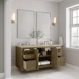 Chicago 60" Double Vanity, Walnut Whisper, w/ 3 CM Tajnar Eclos Top w/FreePower Wireless Charger