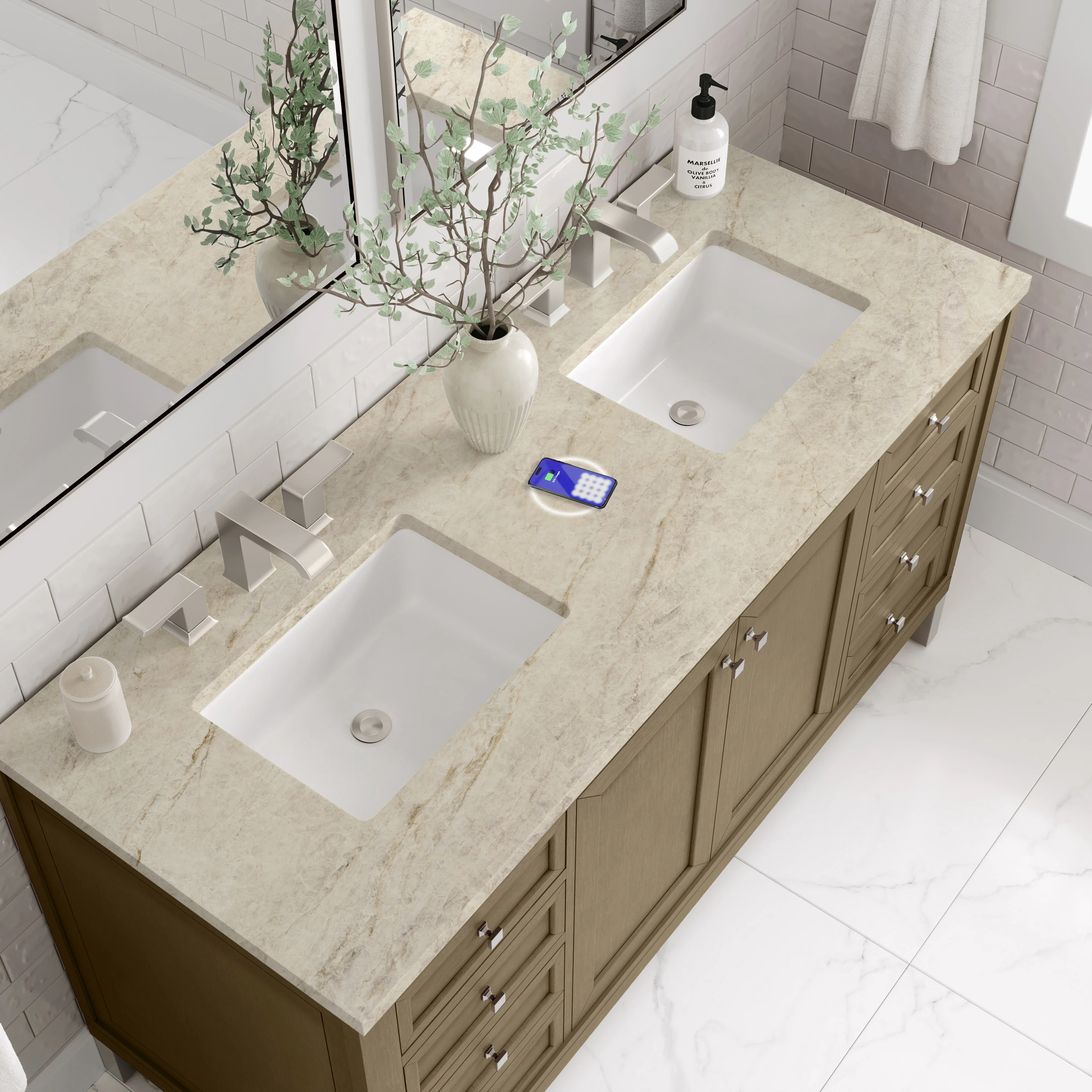 Chicago 60" Double Vanity, Walnut Whisper, w/ 3 CM Tajnar Eclos Top w/FreePower Wireless Charger