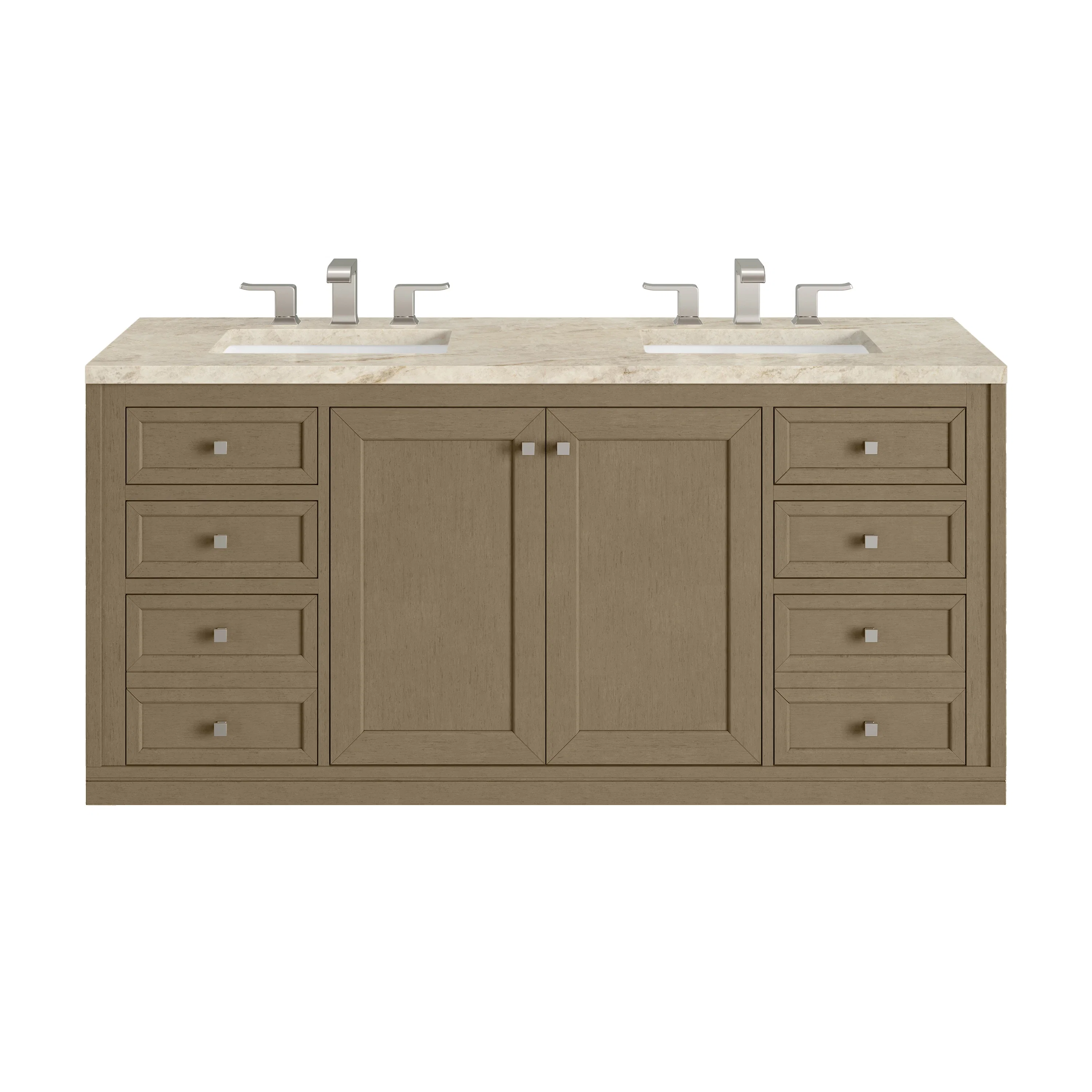 Chicago 60" Double Vanity, Walnut Whisper, w/ 3 CM Tajnar Eclos Top w/FreePower Wireless Charger