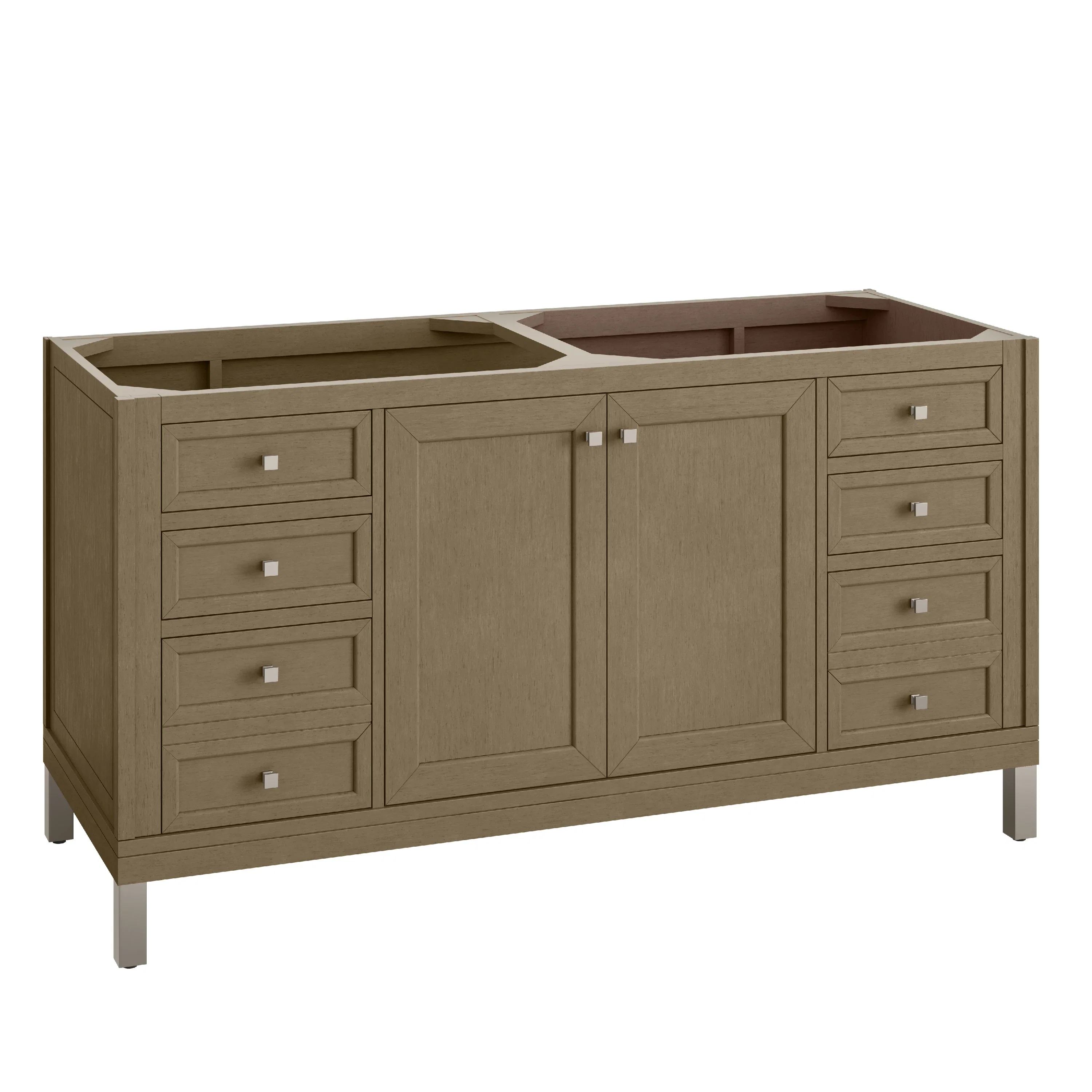 Chicago 60" Double Vanity, Walnut Whisper, w/ 3 CM Tajnar Eclos Top w/FreePower Wireless Charger