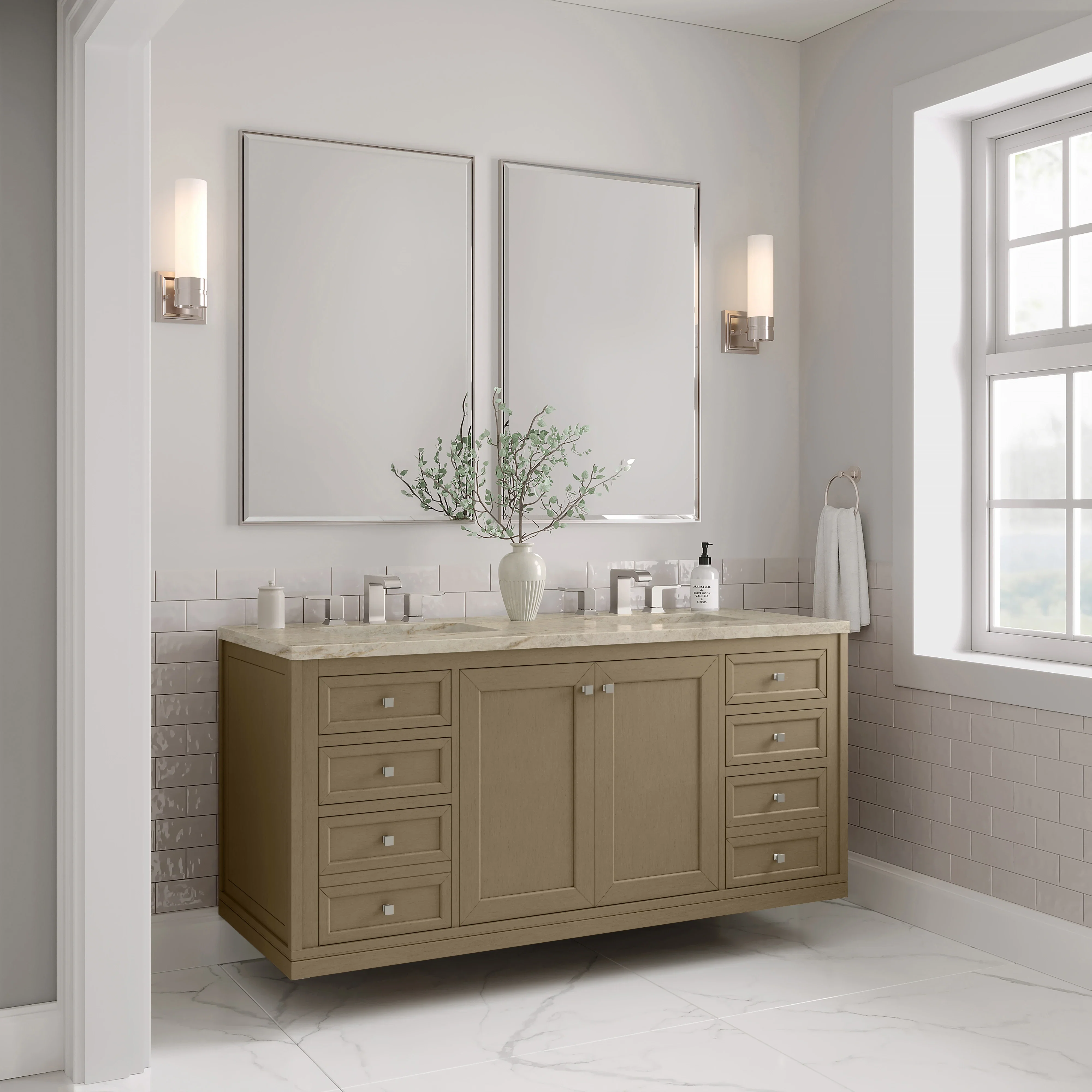 Chicago 60" Double Vanity, Walnut Whisper, w/ 3 CM Tajnar Eclos Top w/FreePower Wireless Charger