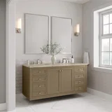 Chicago 60" Double Vanity, Walnut Whisper, w/ 3 CM Tajnar Eclos Top w/FreePower Wireless Charger