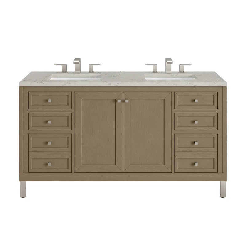 Chicago 60" Double Vanity, Walnut Whisper, w/ 3 CM Victorian Silver Silestone® Top w/FreePower Wireless Charger