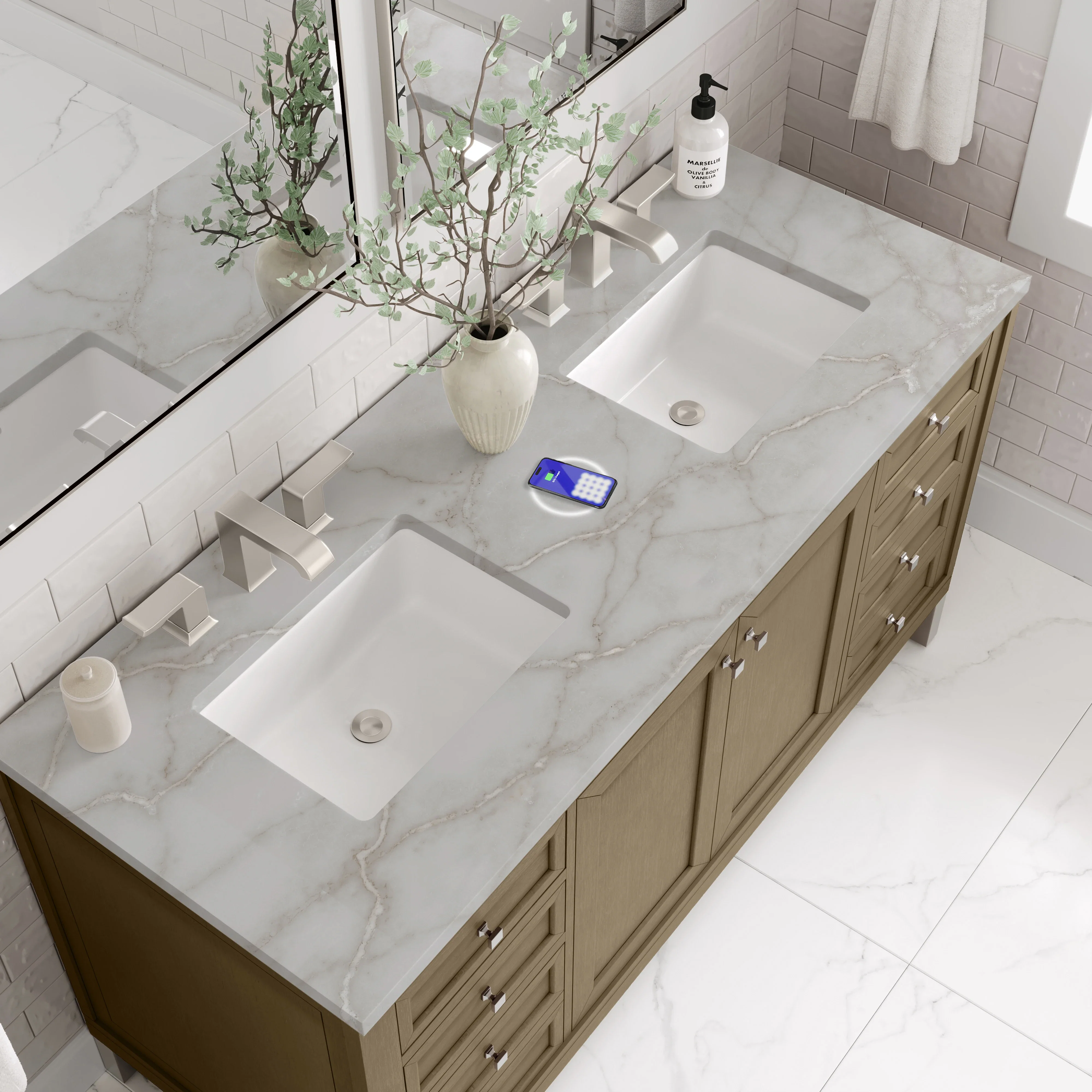 Chicago 60" Double Vanity, Walnut Whisper, w/ 3 CM Victorian Silver Silestone® Top w/FreePower Wireless Charger