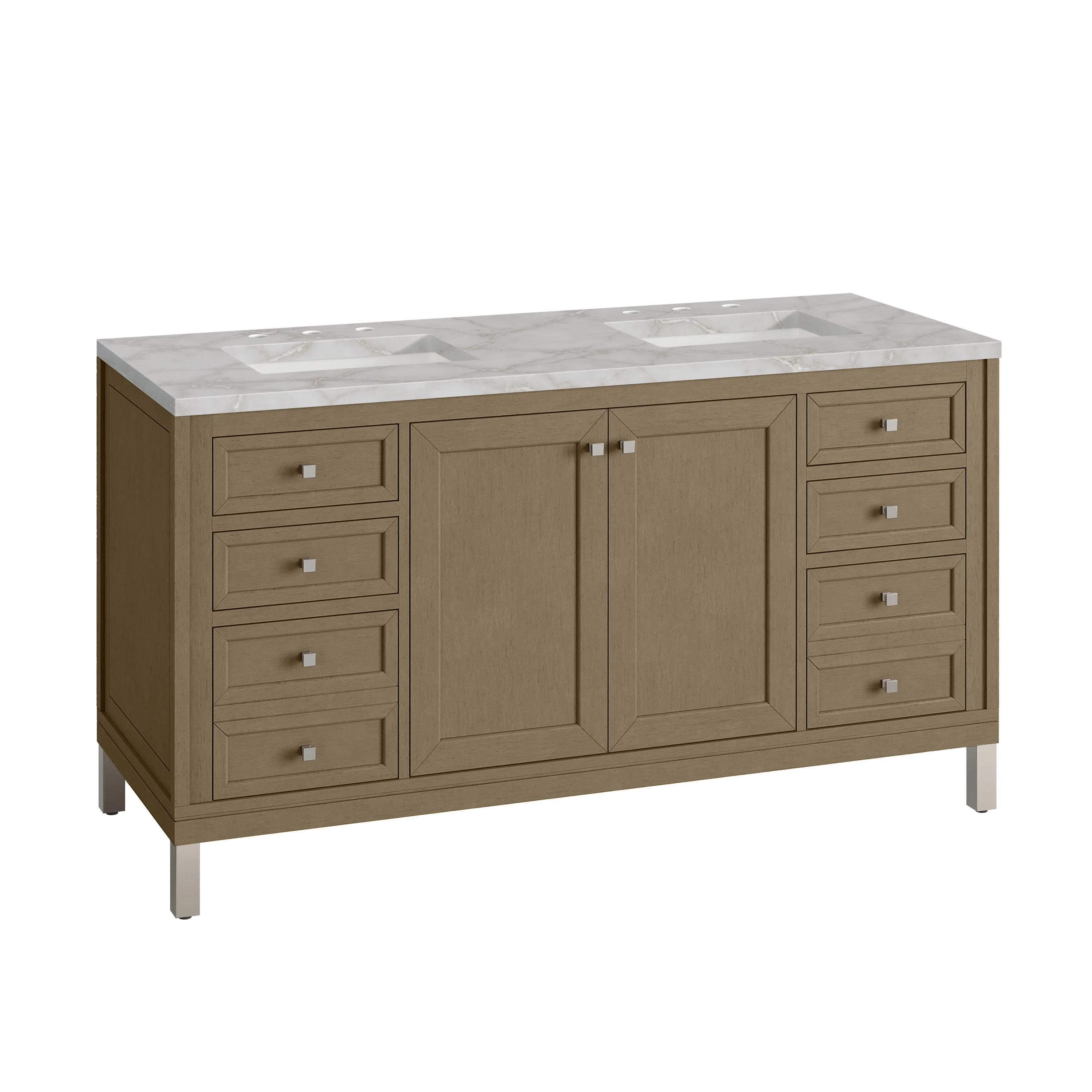 Chicago 60" Double Vanity, Walnut Whisper, w/ 3 CM Victorian Silver Silestone® Top w/FreePower Wireless Charger