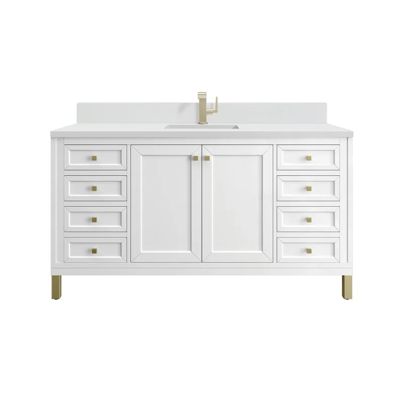 Chicago 60" Single Vanity, Glossy White, w/ Single Hole 3CM White Zeus Silestone® Top & Backsplash