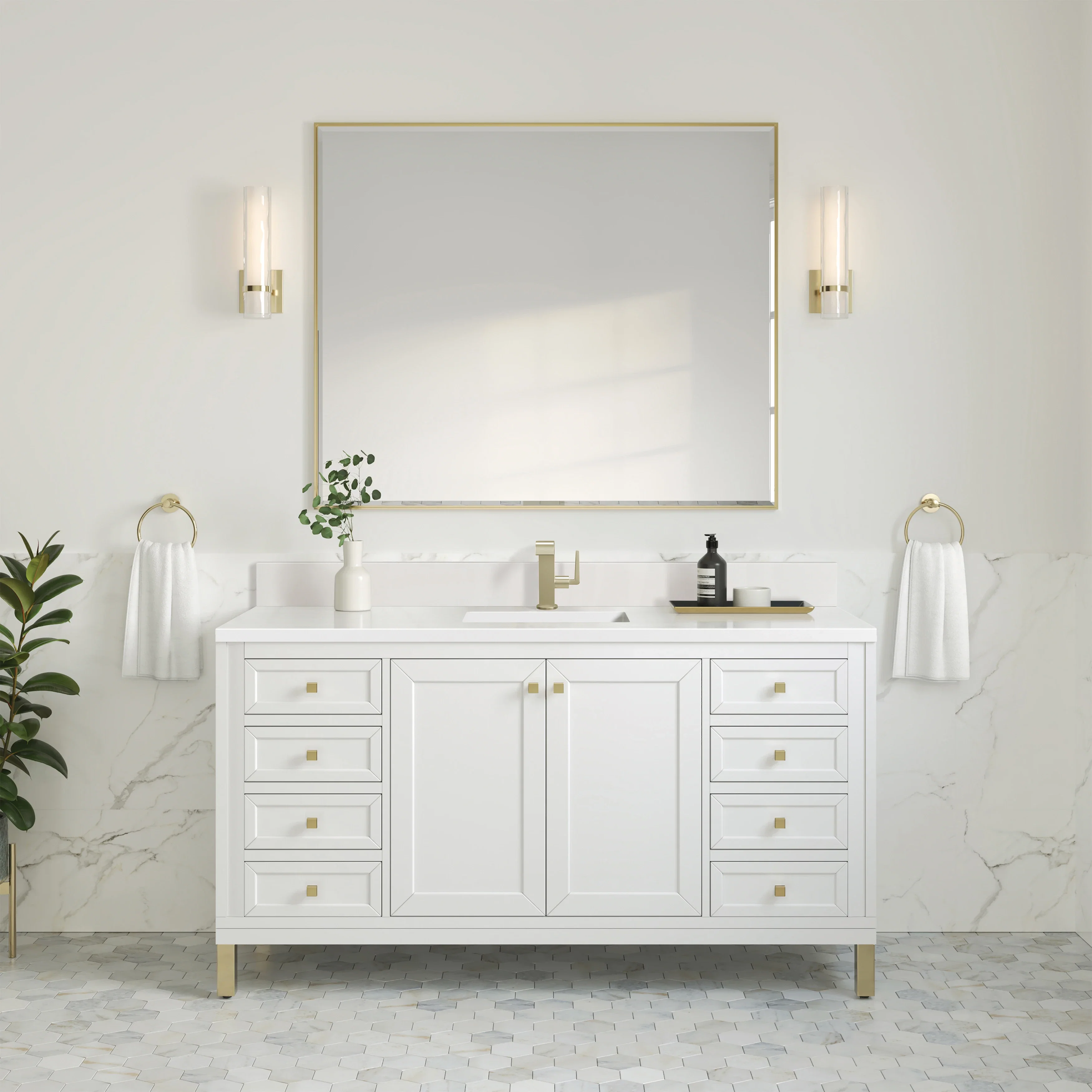 Chicago 60" Single Vanity, Glossy White, w/ Single Hole 3CM White Zeus Silestone® Top & Backsplash