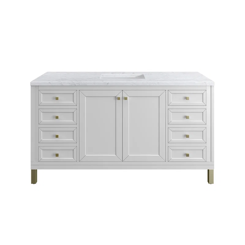 Chicago 60" Single Vanity, Glossy White, w/ 3 CM Carrara Marble Top