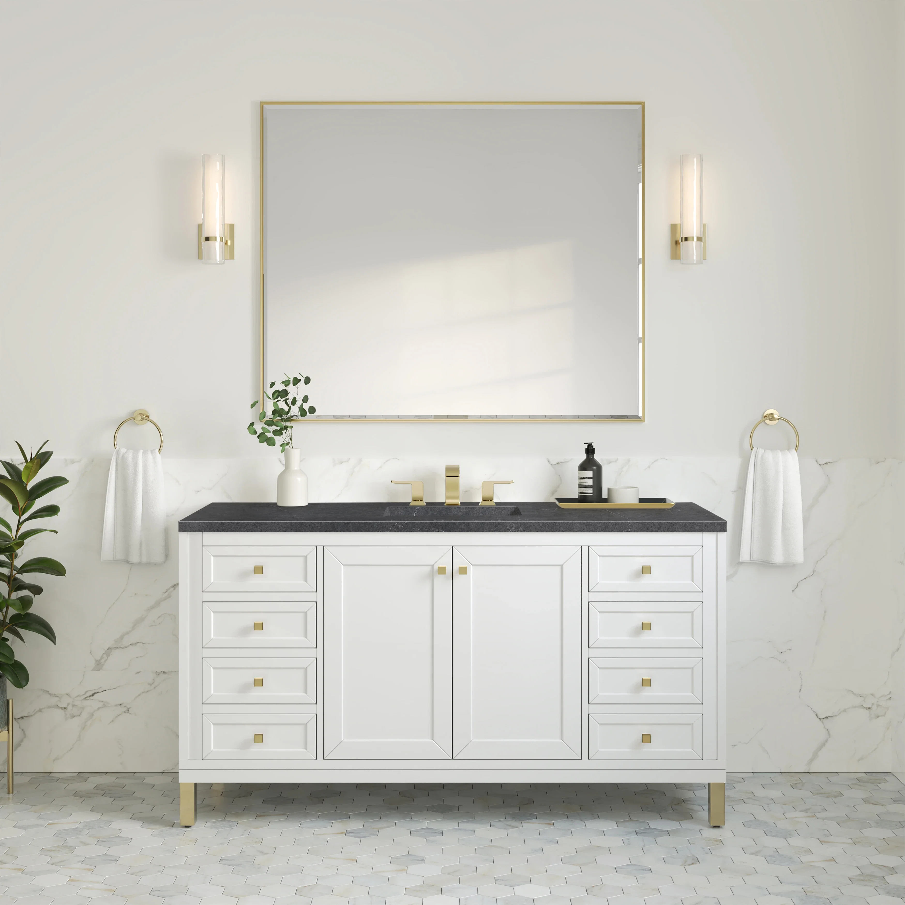 Chicago 60" Single Vanity, Glossy White, w/ 3 CM Charcoal Soapstone Silestone® Top
