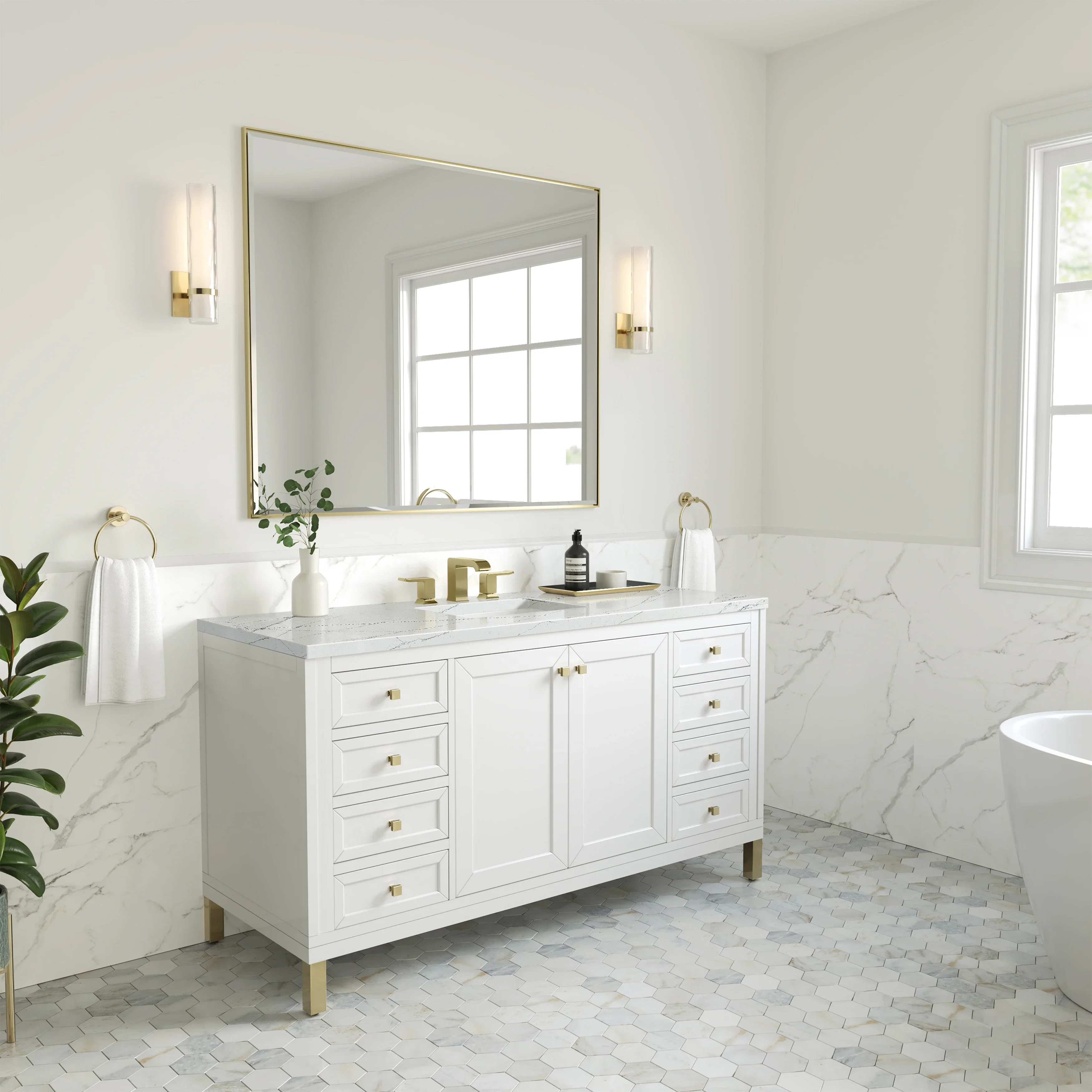 Chicago 60" Single Vanity, Glossy White, w/ 3 CM Ethereal Noctis Silestone® Top