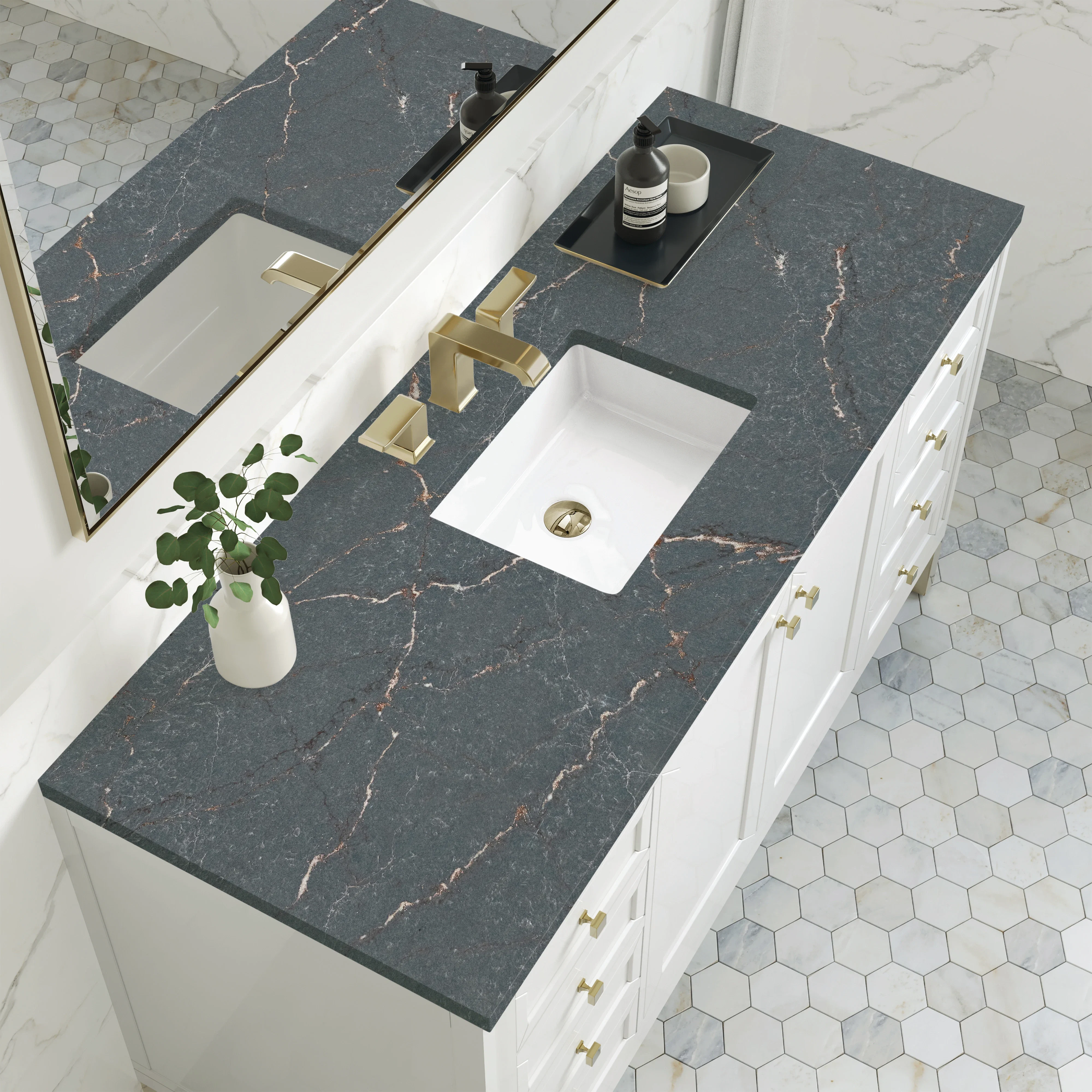 Chicago 60" Single Vanity, Glossy White, w/ 3 CM Parisien Bleu Silestone® Top