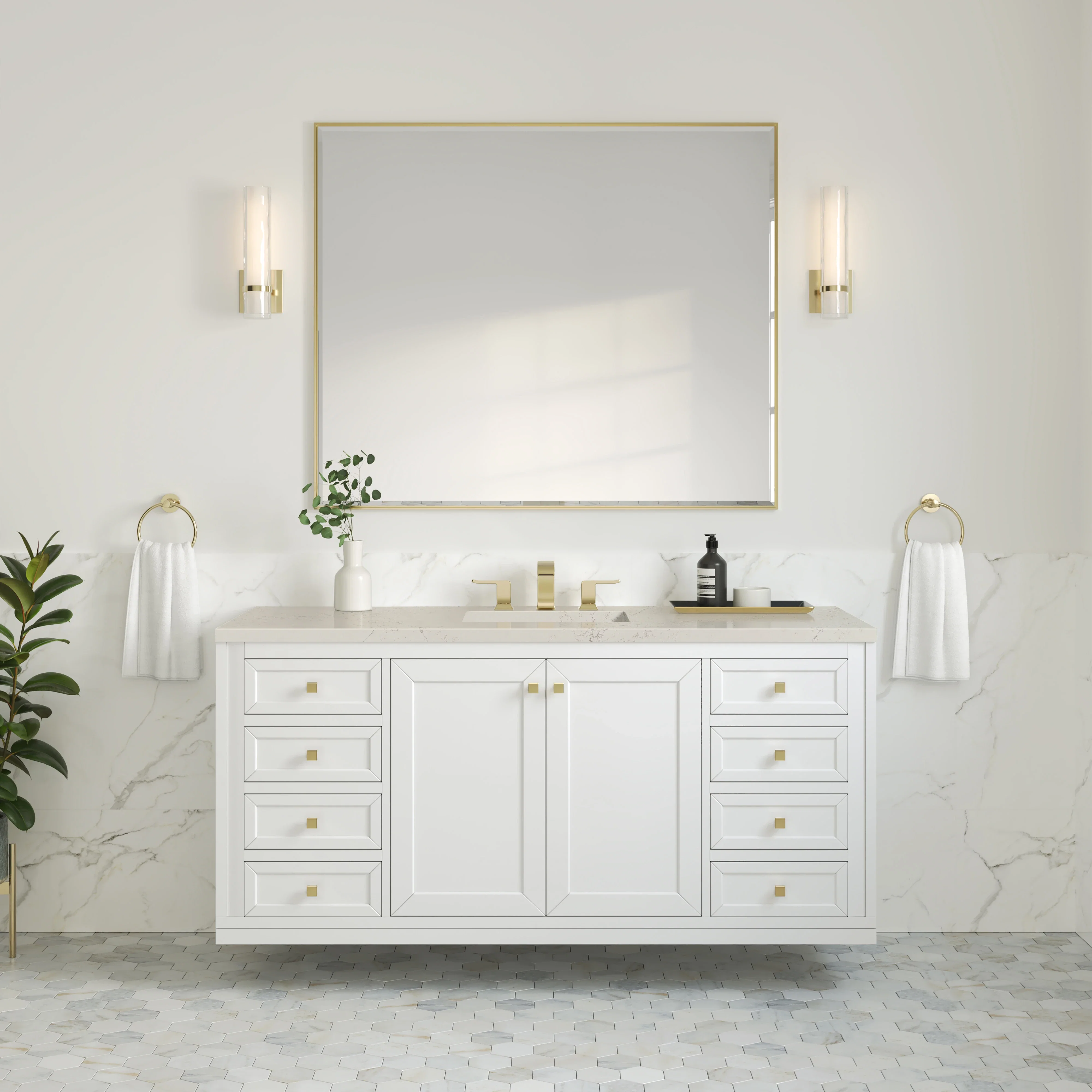 Chicago 60" Single Vanity, Glossy White, w/ 3 CM Siberian Silestone Top