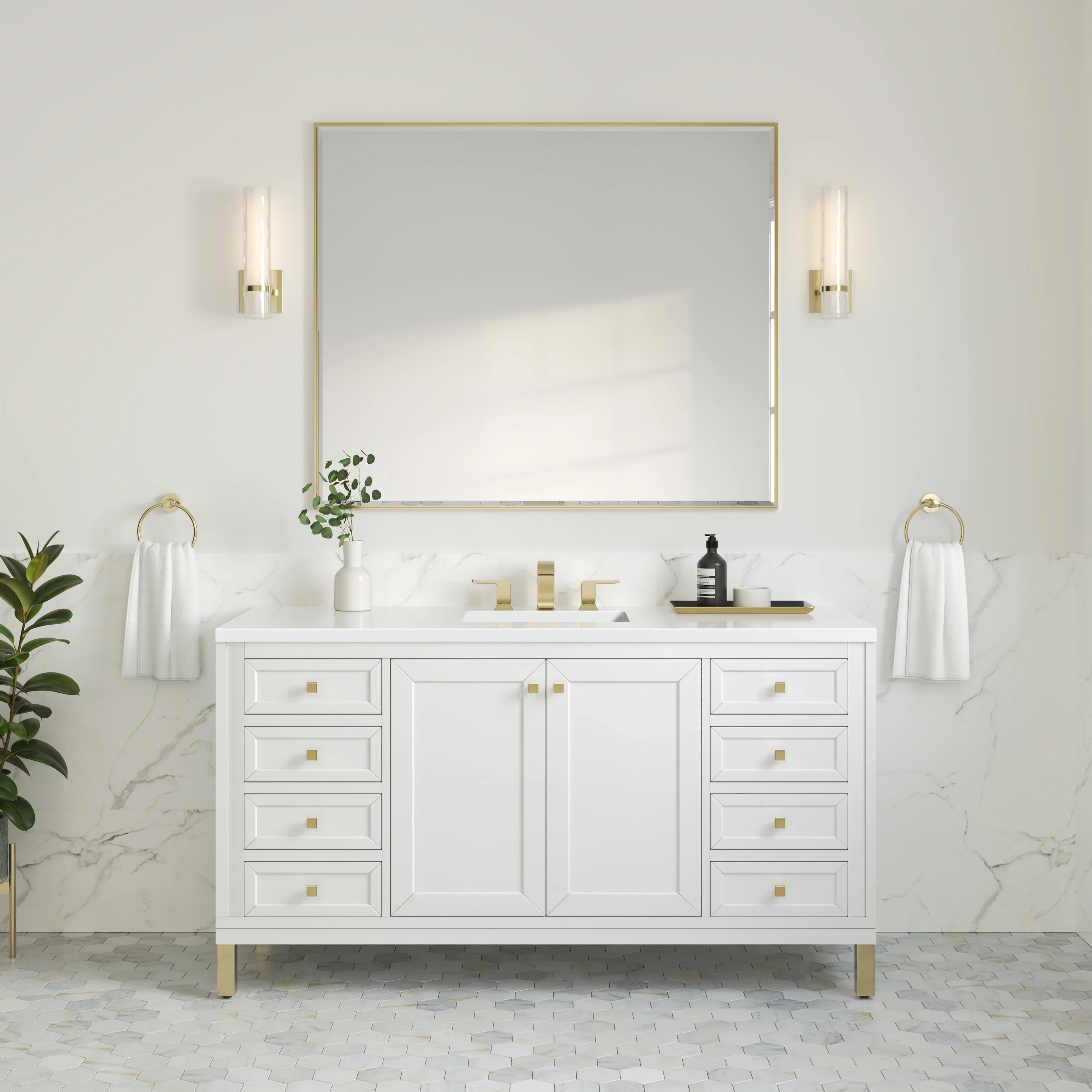 Chicago 60" Single Vanity, Glossy White, w/ 3 CM White Zeus Silestone® Top
