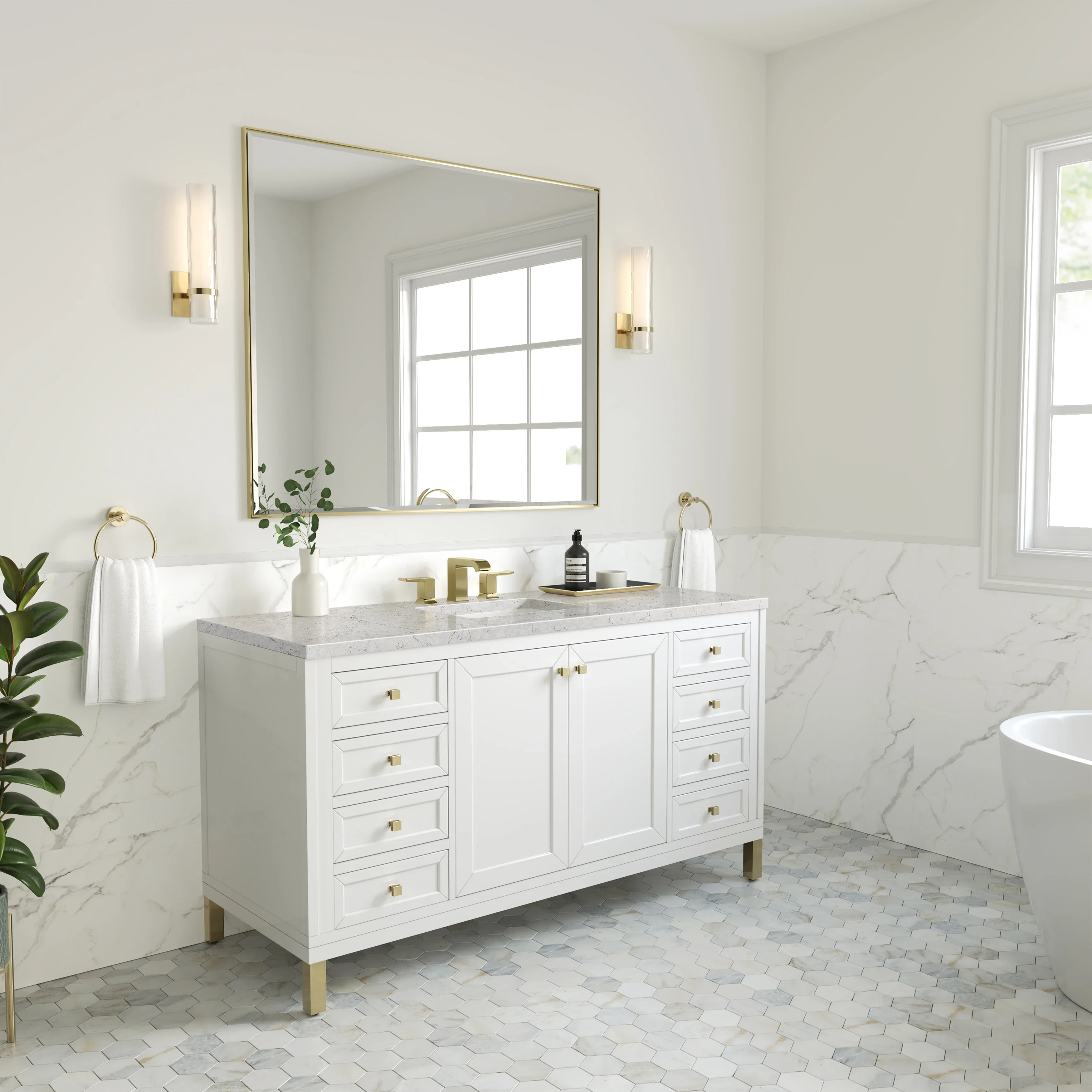 Chicago 60" Single Vanity, Glossy White, w/ 3 CM Eternal Jasmine Pearl Silestone Top w/ FreePower Wireless Charger