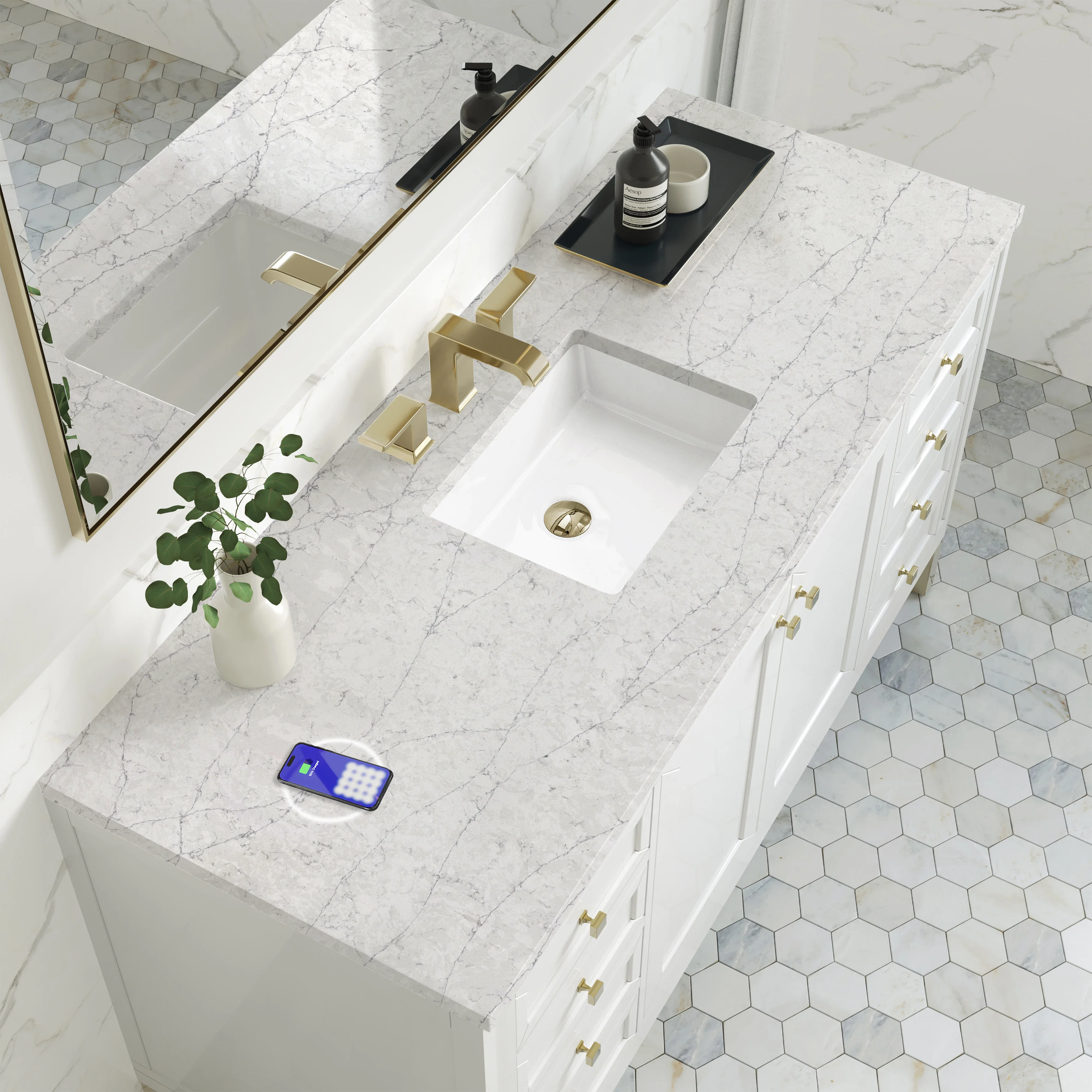 Chicago 60" Single Vanity, Glossy White, w/ 3 CM Eternal Jasmine Pearl Silestone Top w/ FreePower Wireless Charger