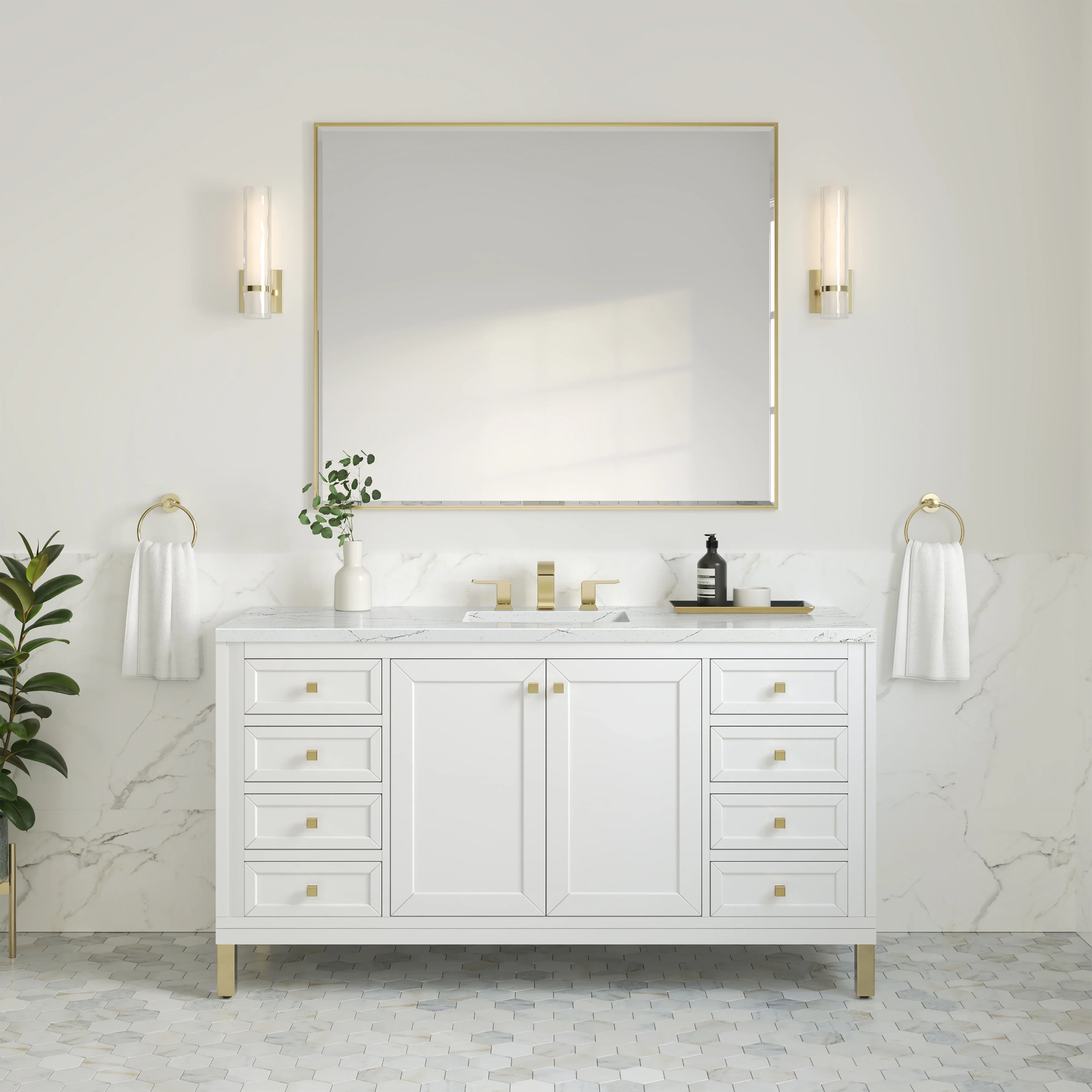 Chicago 60" Single Vanity, Glossy White, w/ 3 CM Ethereal Noctis Silestone Top w/ FreePower Wireless Charger