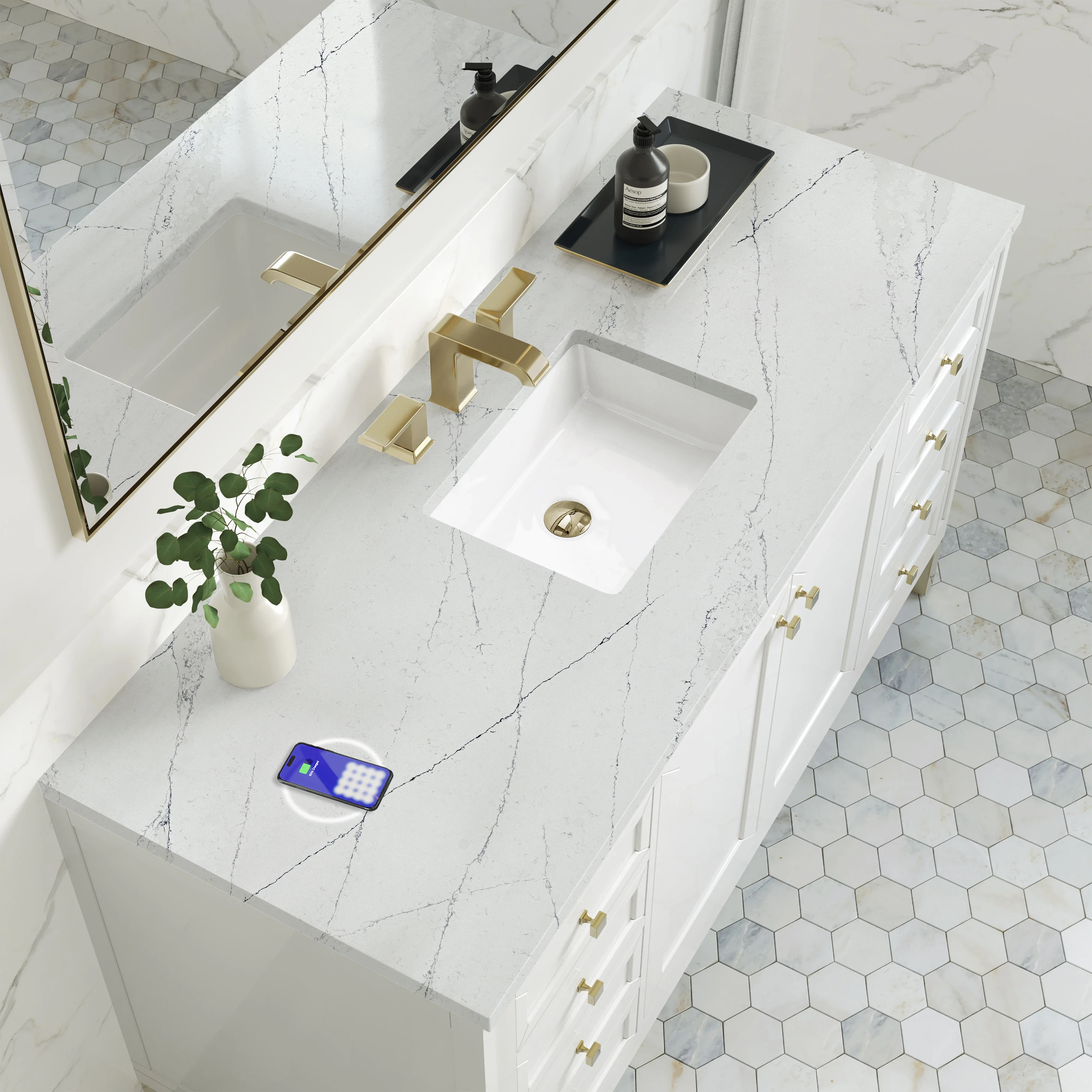 Chicago 60" Single Vanity, Glossy White, w/ 3 CM Ethereal Noctis Silestone Top w/ FreePower Wireless Charger