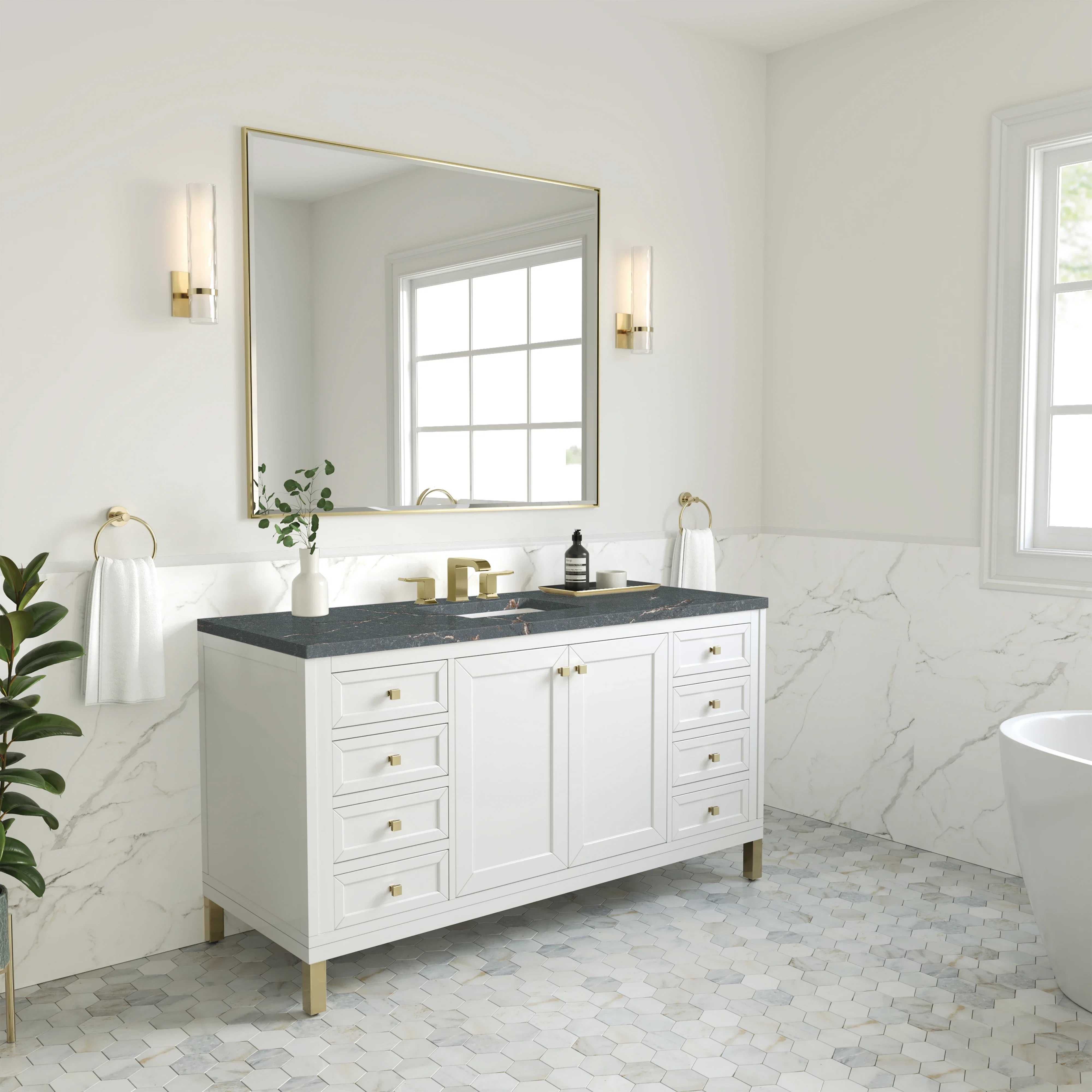 Chicago 60" Single Vanity, Glossy White, w/ 3 CM Parisien Bleu Silestone® Top w/FreePower Wireless Charger