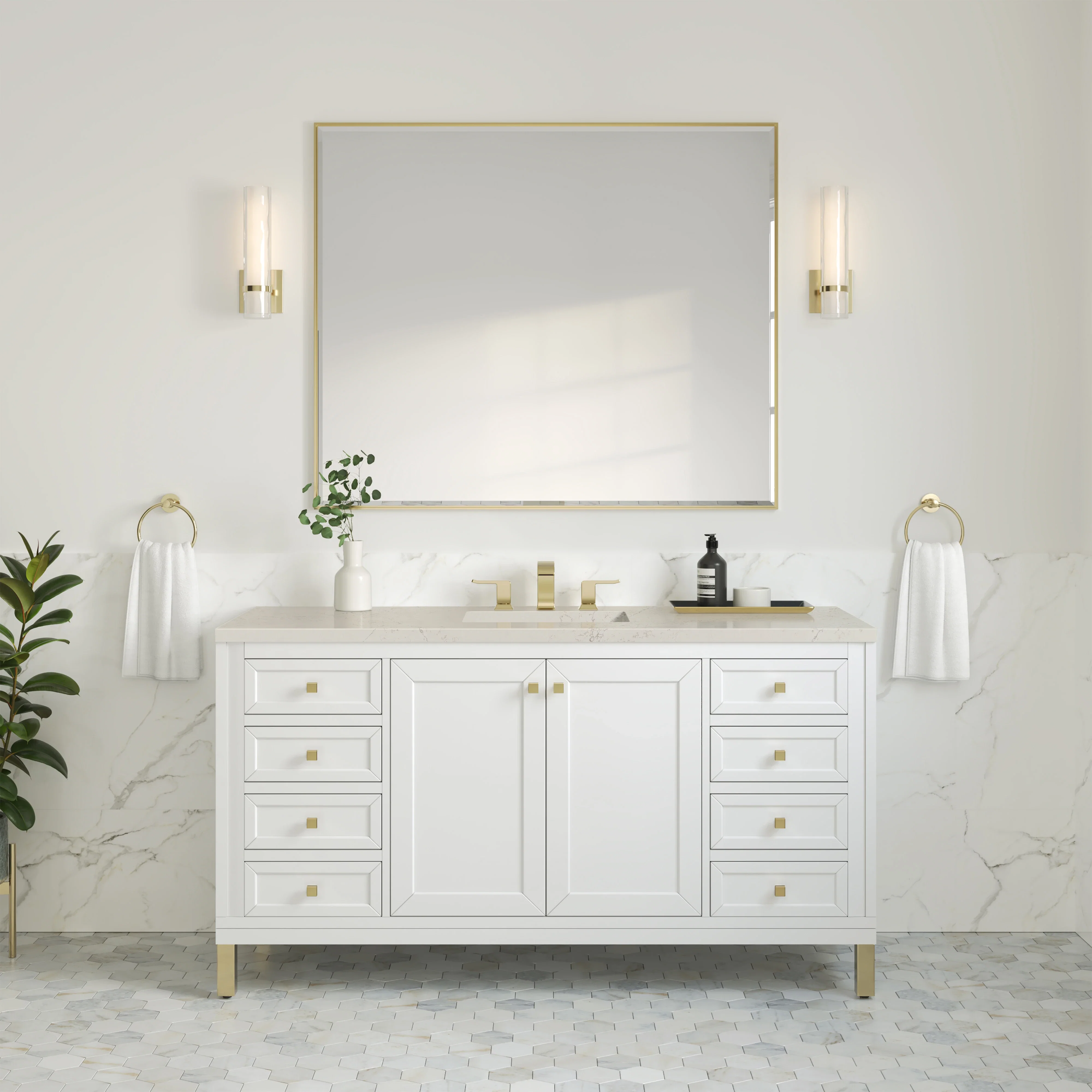 Chicago 60" Single Vanity, Glossy White, w/ 3 CM Siberian Silestone Top w/FreePower Wireless Charger