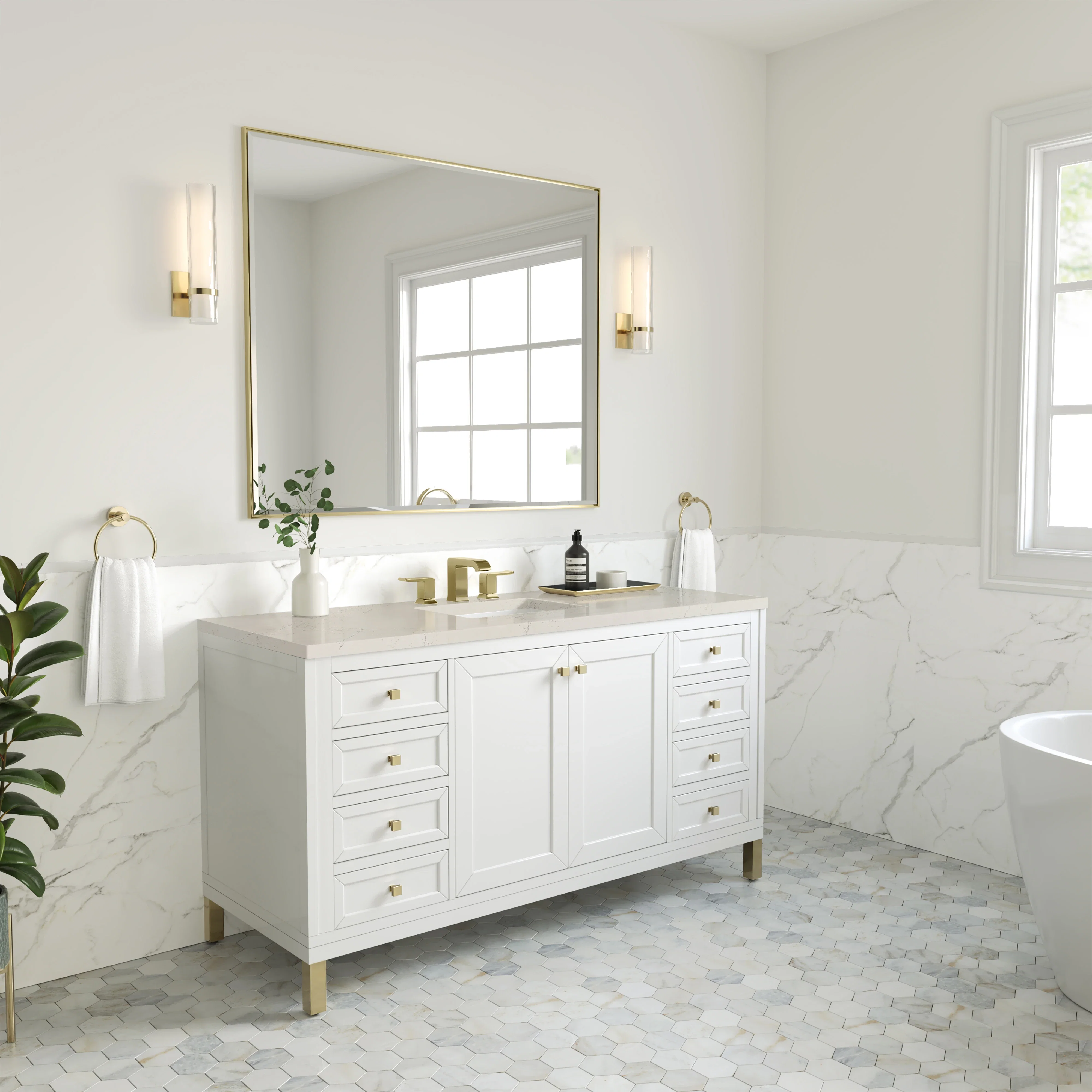 Chicago 60" Single Vanity, Glossy White, w/ 3 CM Siberian Silestone Top w/FreePower Wireless Charger