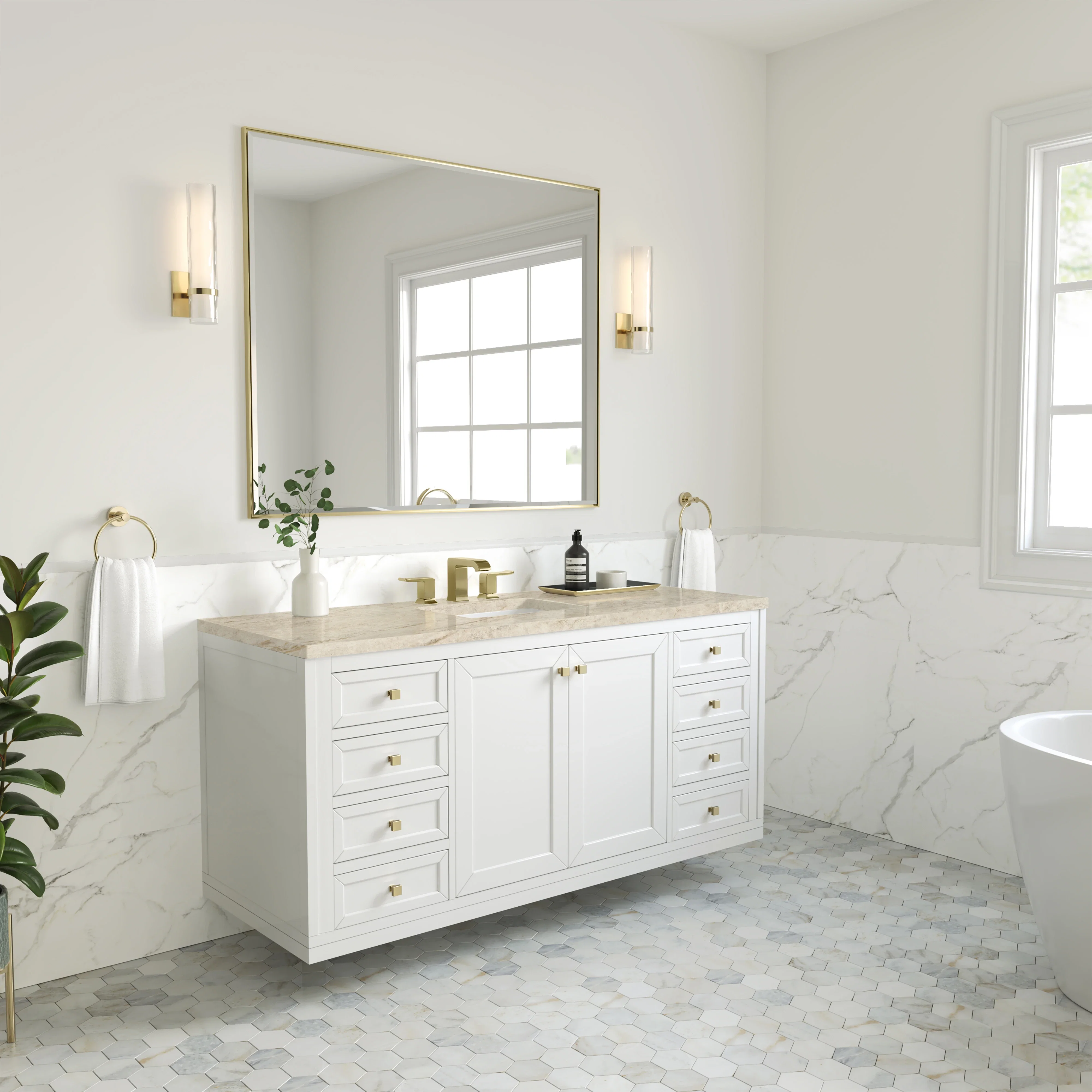 Chicago 60" Single Vanity, Glossy White, w/ 3 CM Tajnar Eclos Top w/FreePower Wireless Charger