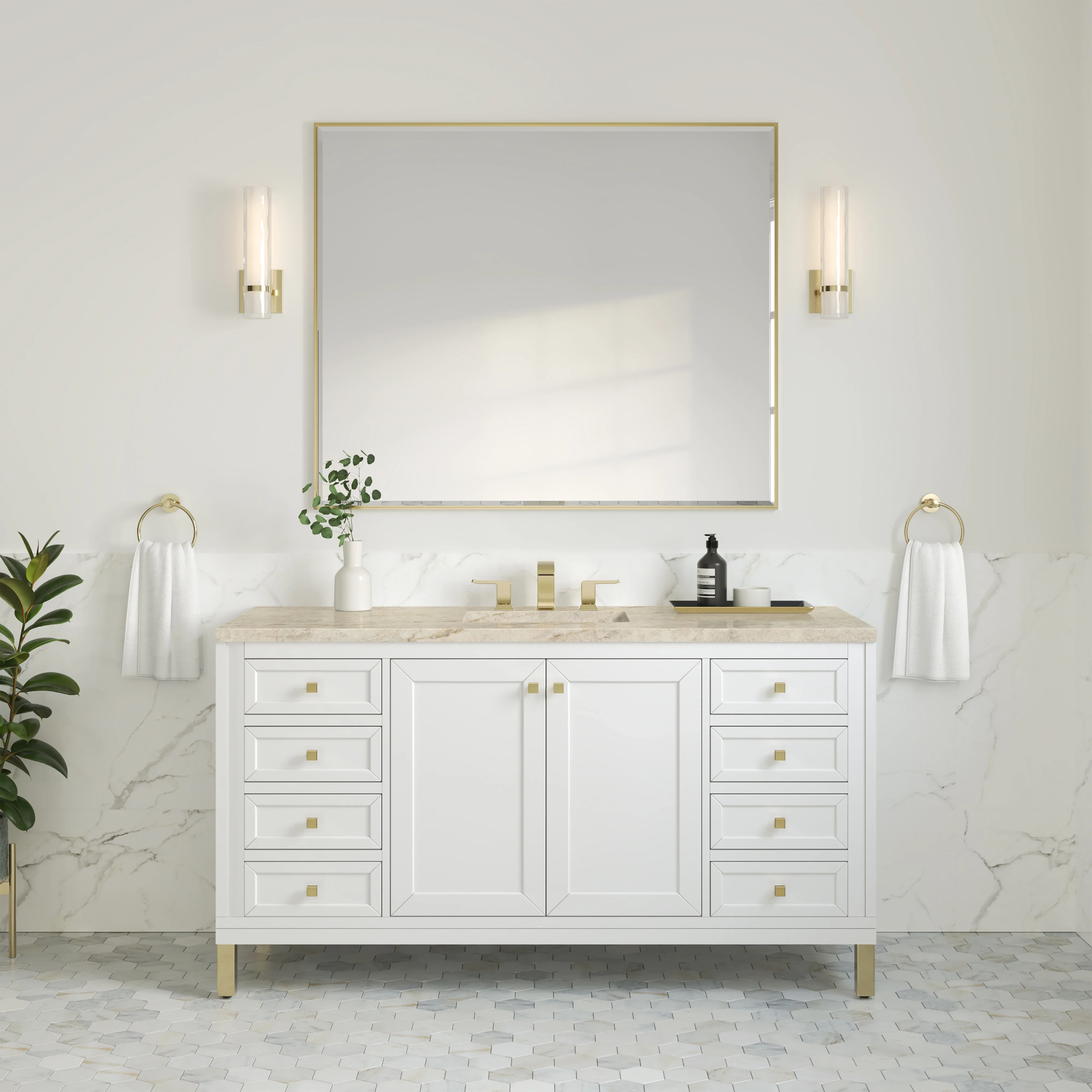Chicago 60" Single Vanity, Glossy White, w/ 3 CM Tajnar Eclos Top w/FreePower Wireless Charger