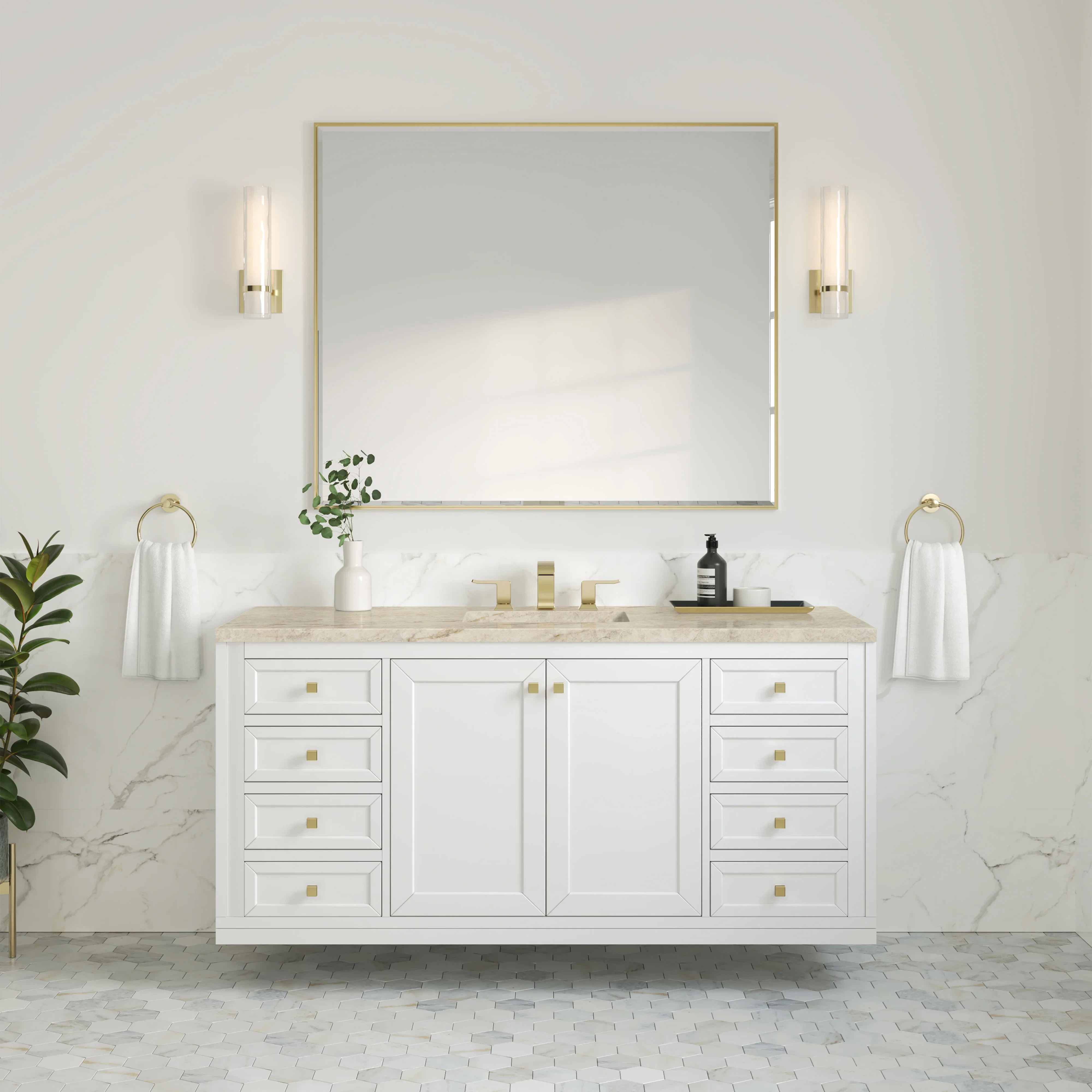 Chicago 60" Single Vanity, Glossy White, w/ 3 CM Tajnar Eclos Top w/FreePower Wireless Charger