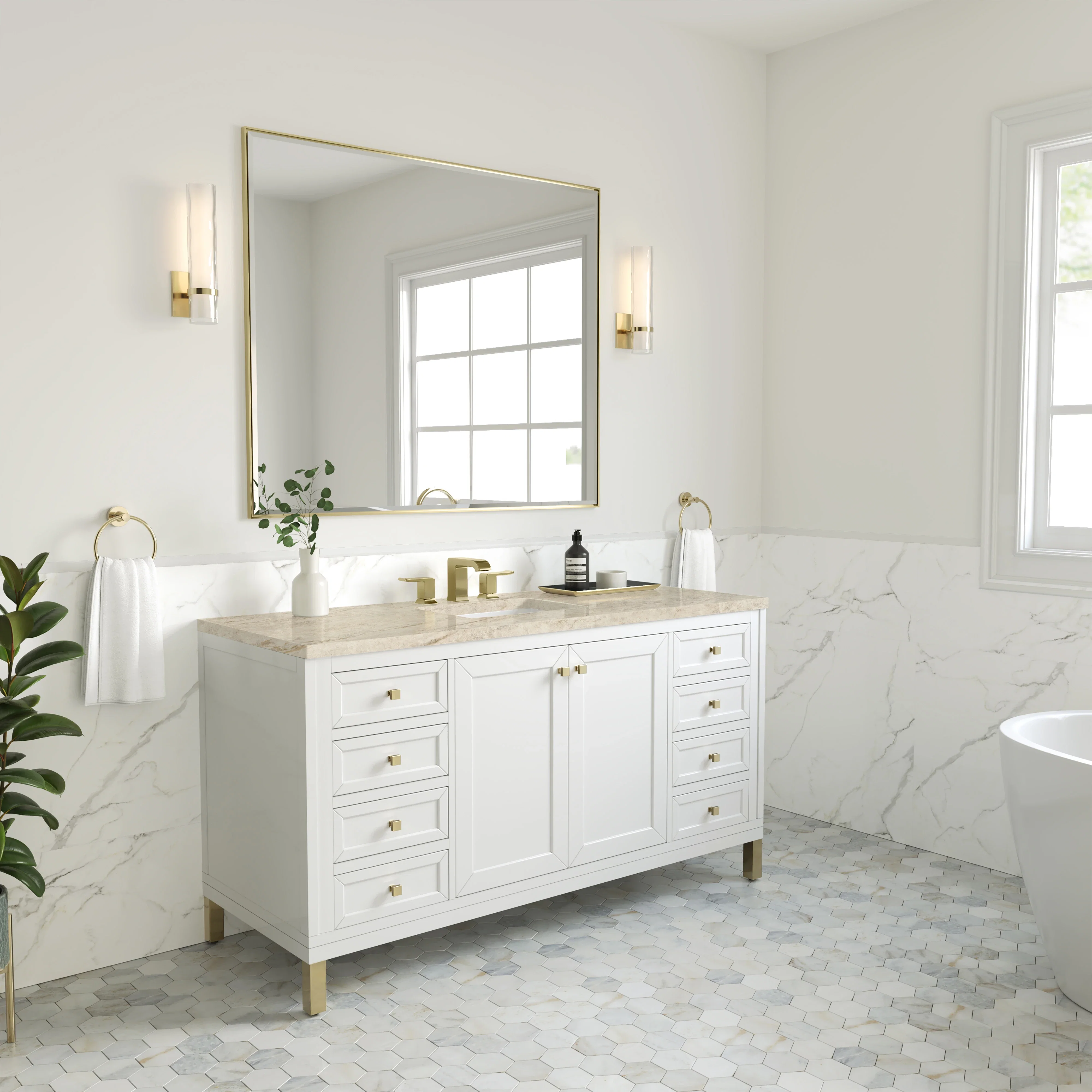 Chicago 60" Single Vanity, Glossy White, w/ 3 CM Tajnar Eclos Top w/FreePower Wireless Charger