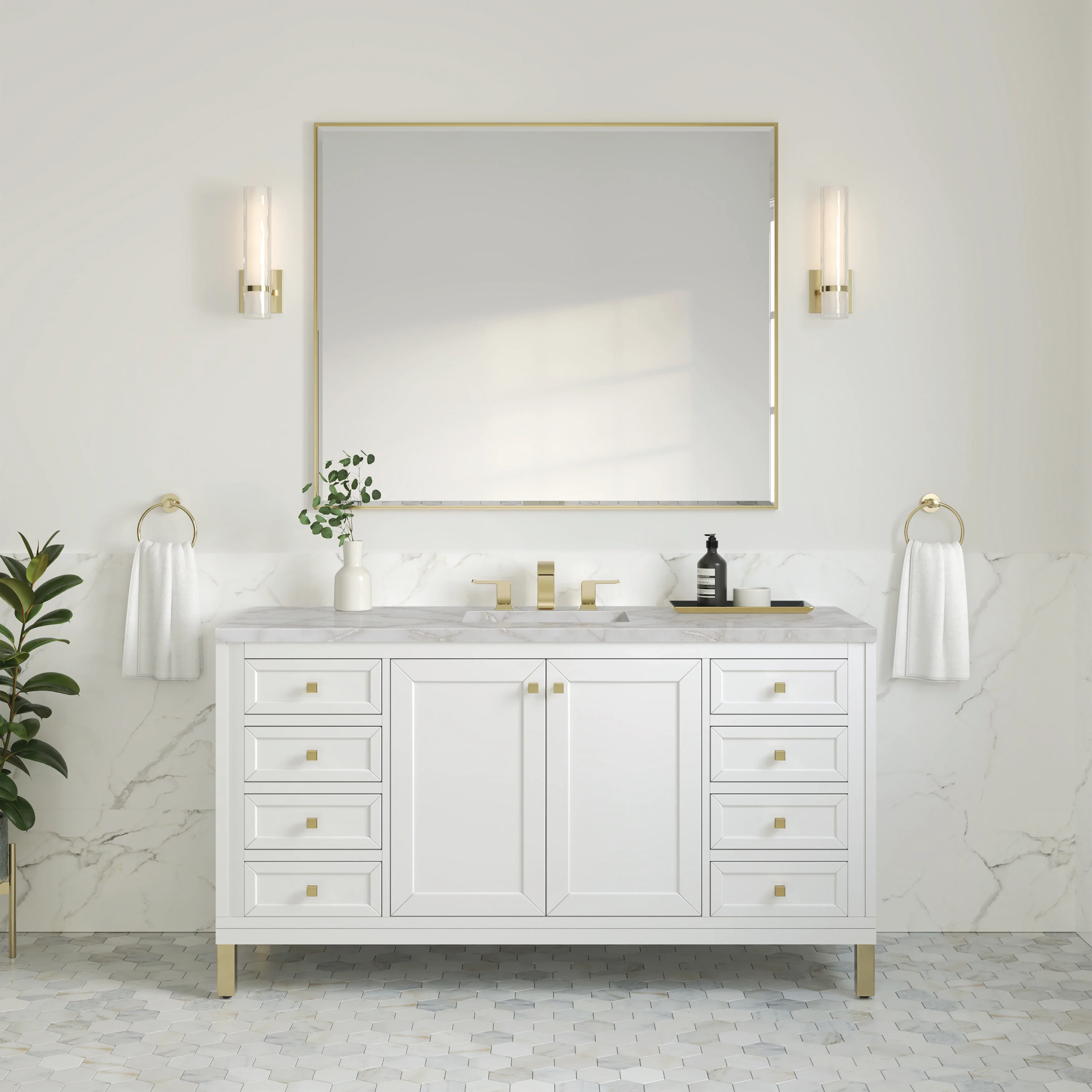 Chicago 60" Single Vanity, Glossy White, w/ 3 CM Victorian Silver Silestone Top w/ FreePower Wireless Charger