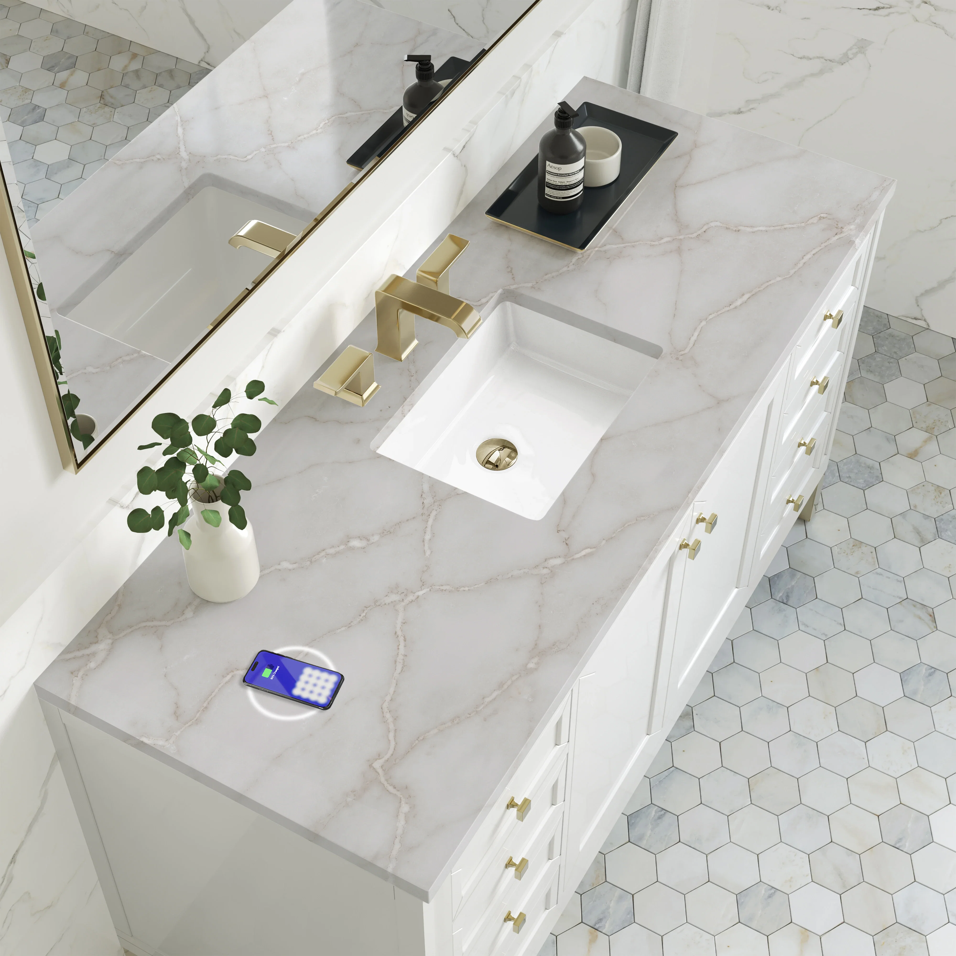 Chicago 60" Single Vanity, Glossy White, w/ 3 CM Victorian Silver Silestone Top w/ FreePower Wireless Charger